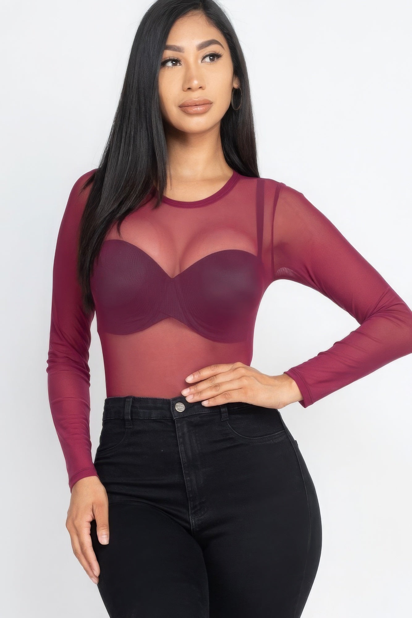 Women's Sheer Mesh Bodysuit Round Neck Long Sleeve Stretch Top