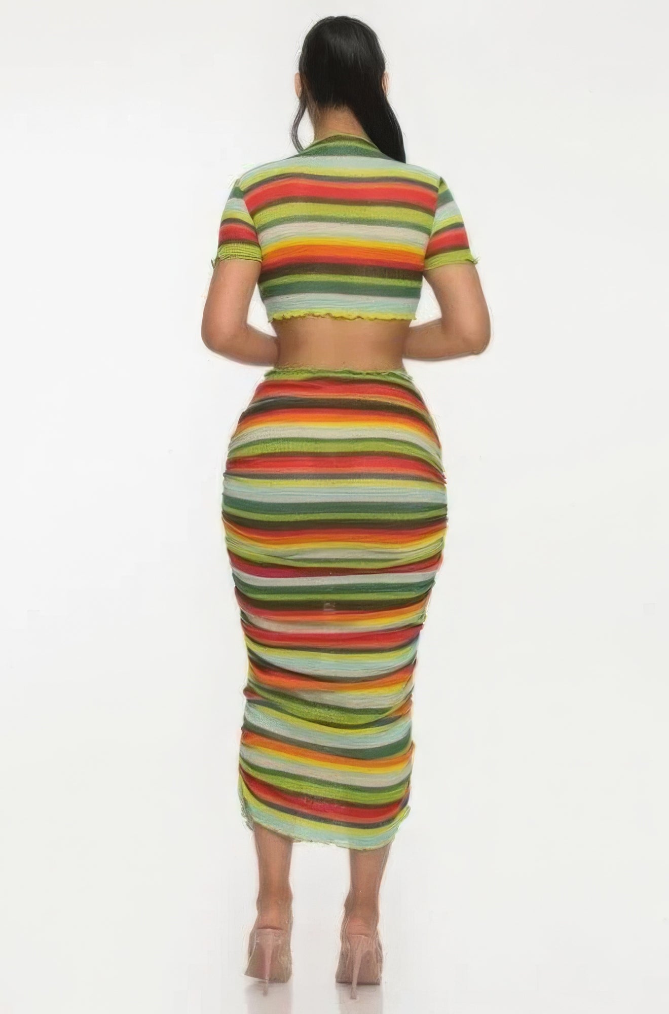 Women Colorful Striped Beach Sarong Top & Bodycon Skirt Set Ruffle Trim Outfits