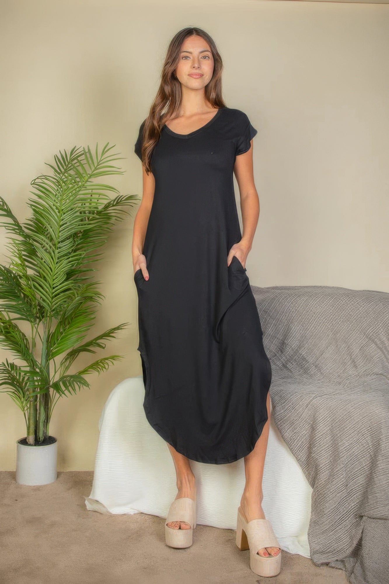 Women's V-Neck Maxi Dress Batwing Short Sleeve Pocket Stretch Lounge T-Shirt