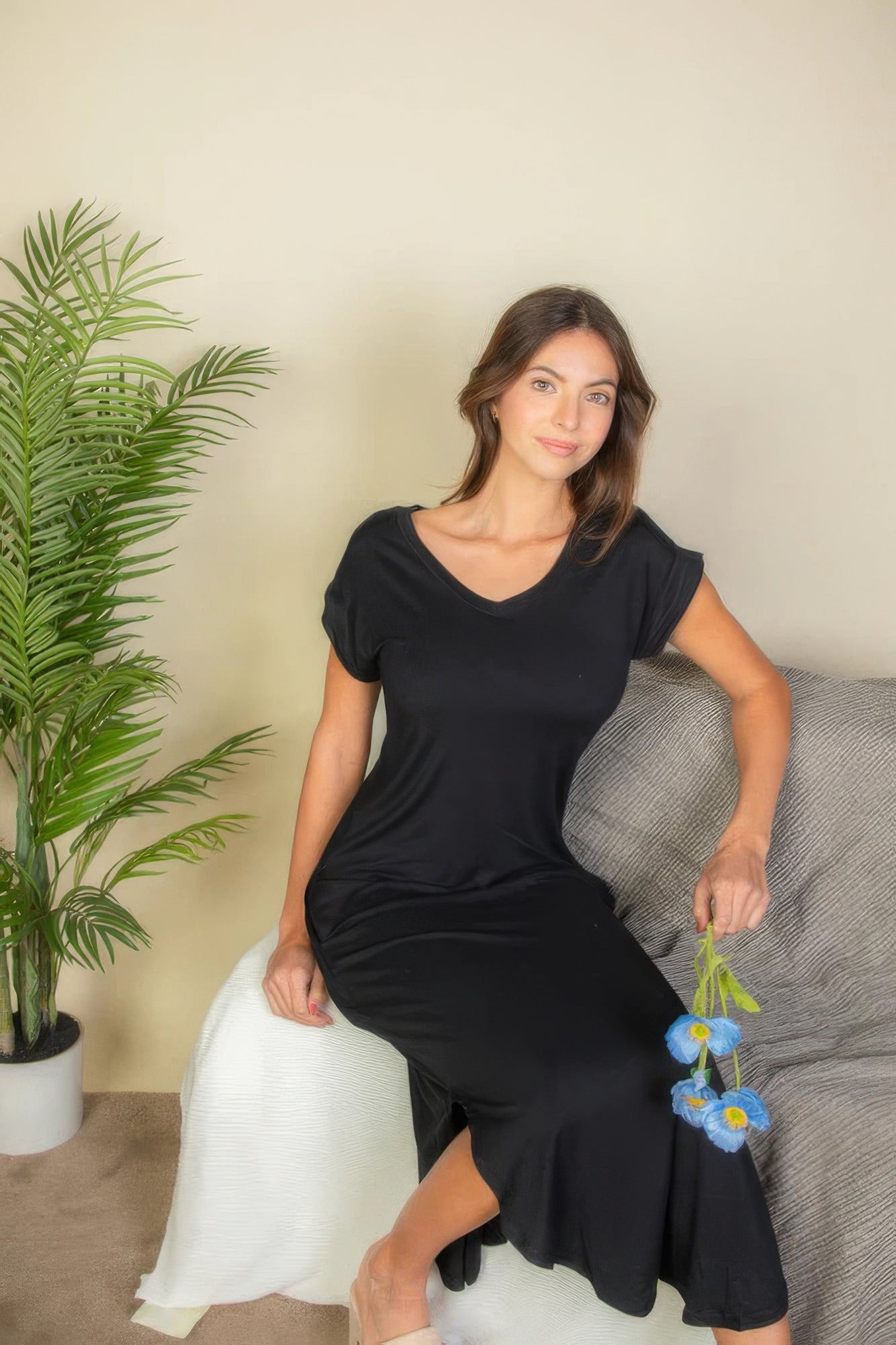 Women's V-Neck Maxi Dress Batwing Short Sleeve Pocket Stretch Lounge T-Shirt
