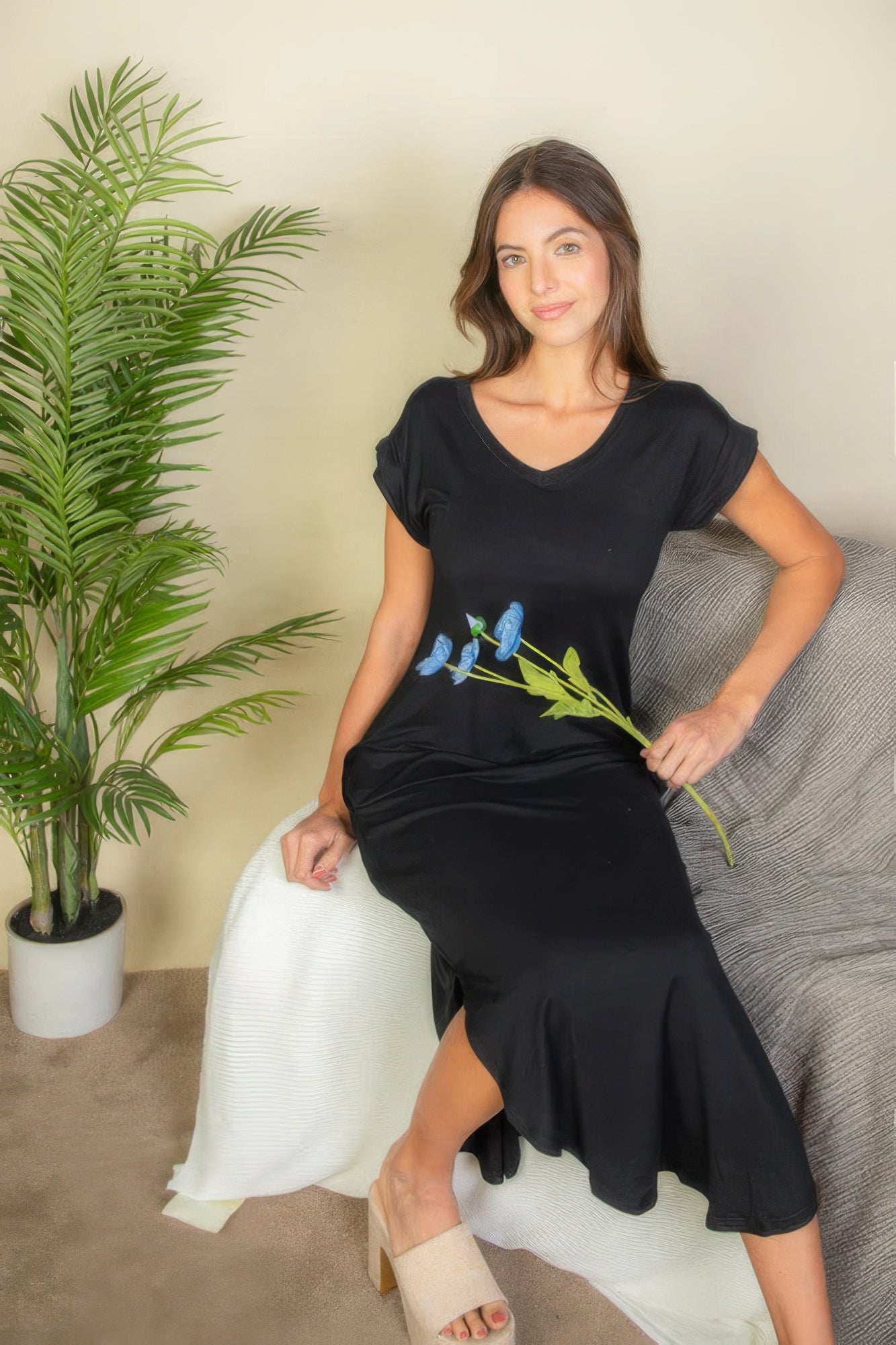 Women's V-Neck Maxi Dress Batwing Short Sleeve Pocket Stretch Lounge T-Shirt
