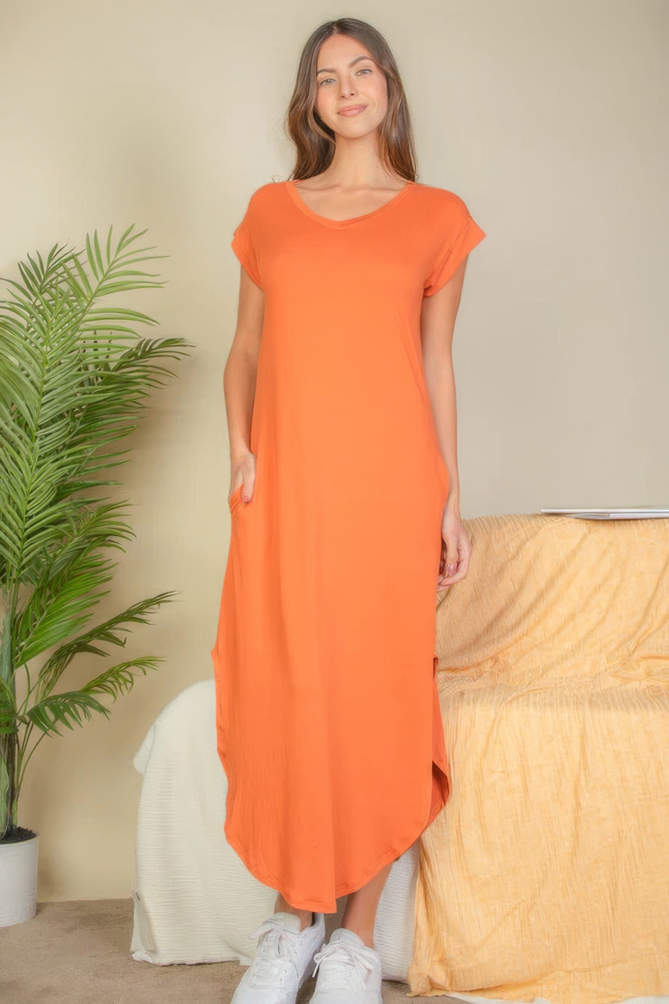 Women's V-Neck Maxi Dress Batwing Short Sleeve Pocket Stretch Lounge T-Shirt