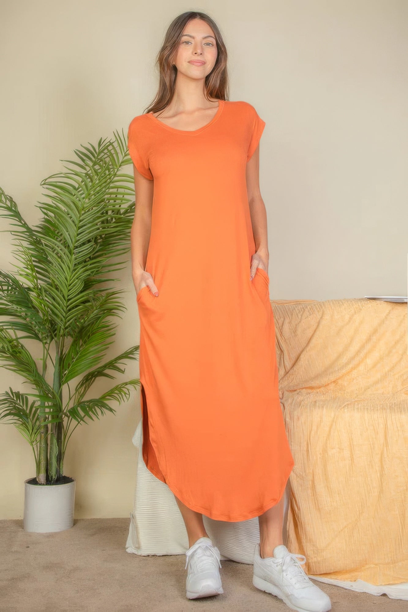 Women's V-Neck Maxi Dress Batwing Short Sleeve Pocket Stretch Lounge T-Shirt