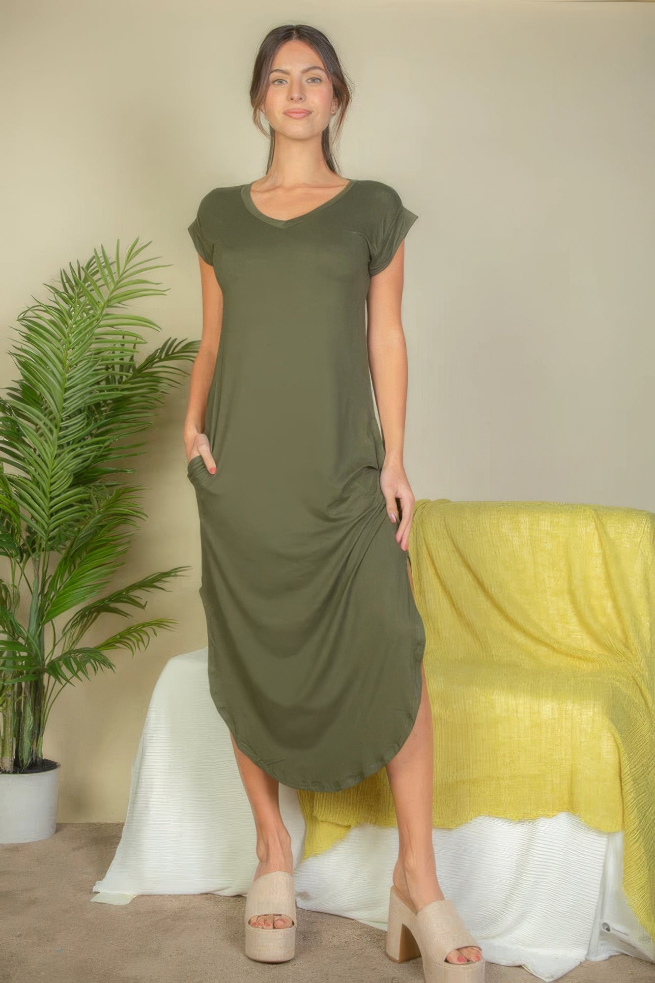 Women's V-Neck Maxi Dress Batwing Short Sleeve Pocket Stretch Lounge T-Shirt