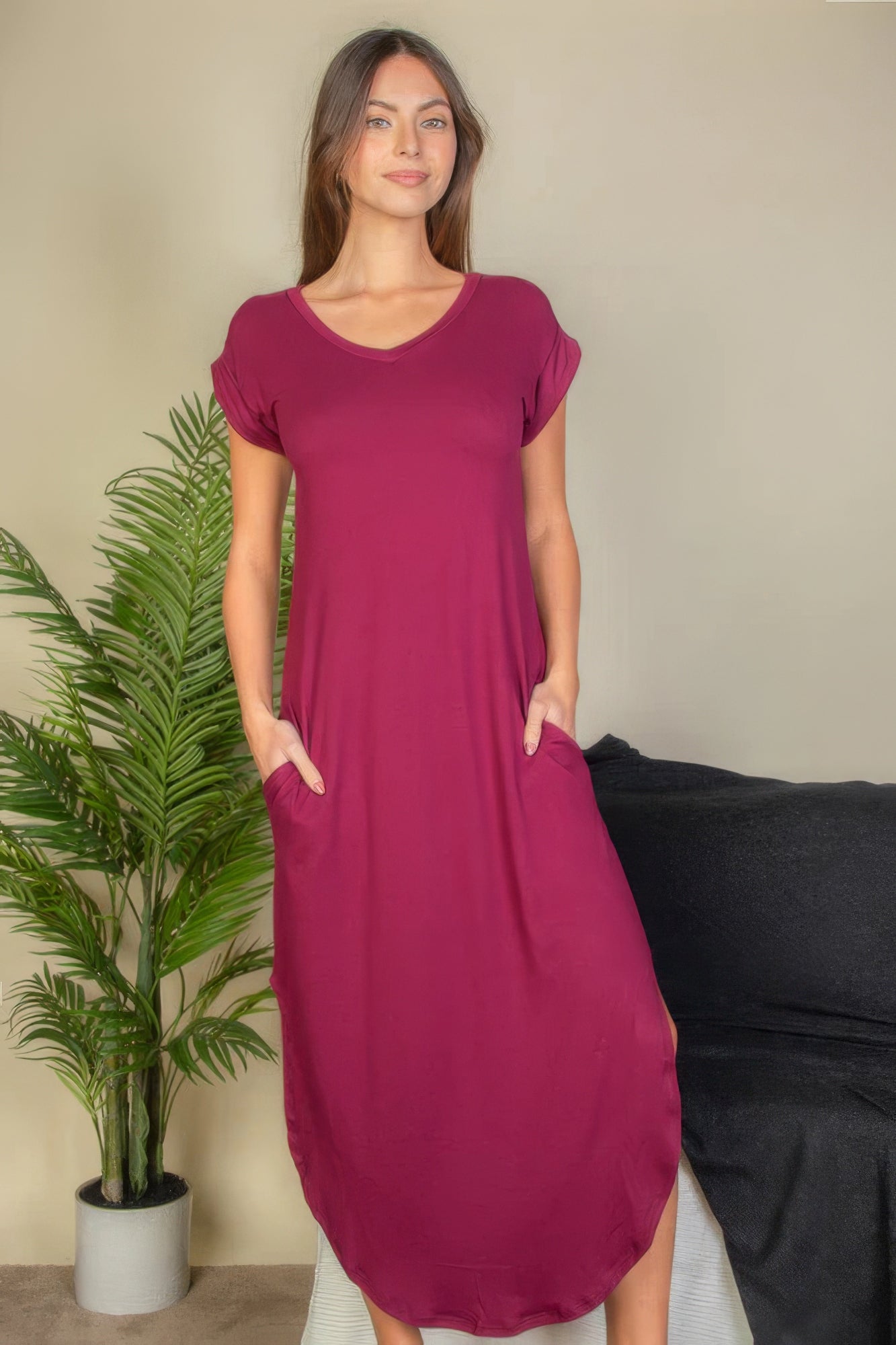 Women's V-Neck Maxi Dress Batwing Short Sleeve Pocket Stretch Lounge T-Shirt