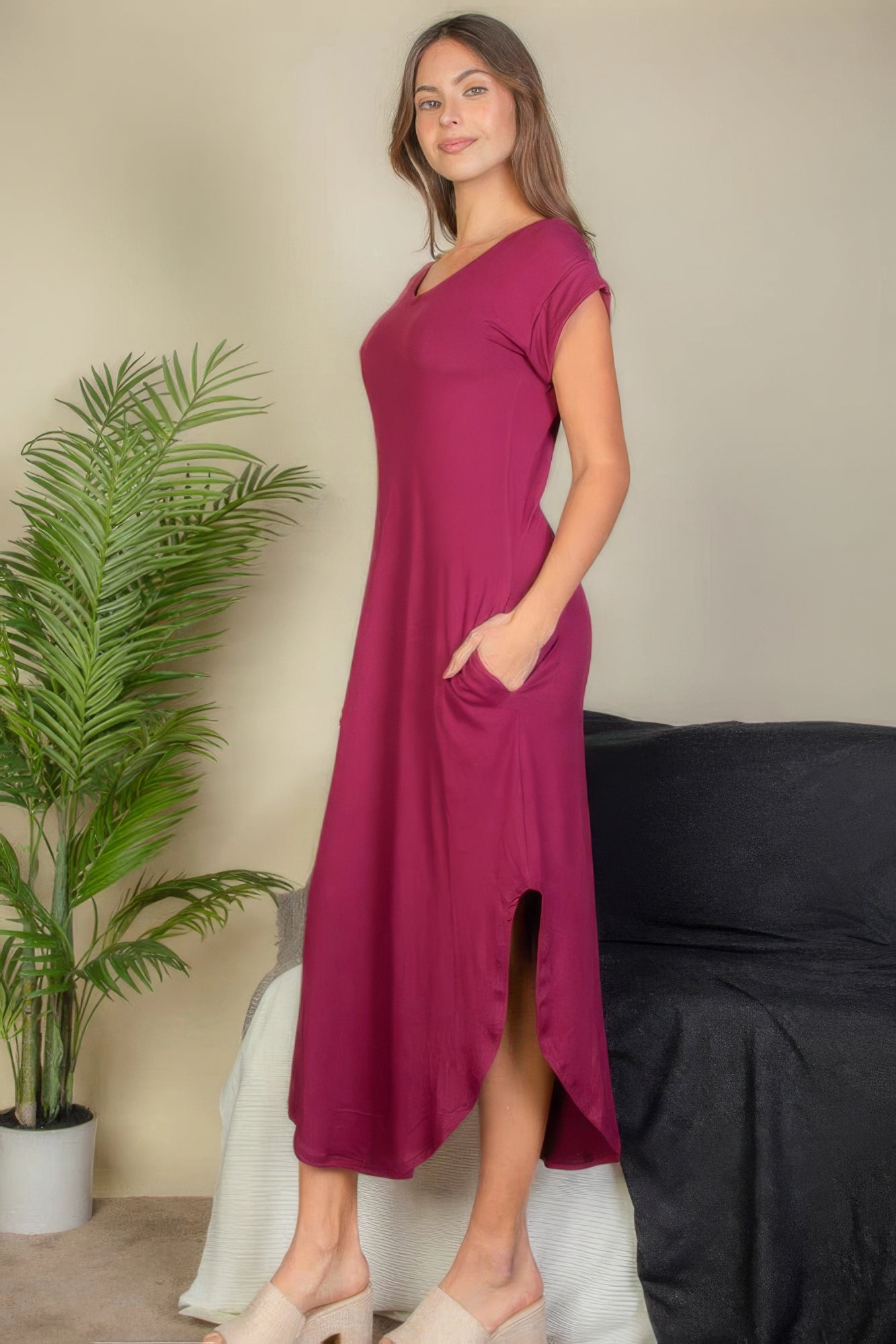 Women's V-Neck Maxi Dress Batwing Short Sleeve Pocket Stretch Lounge T-Shirt