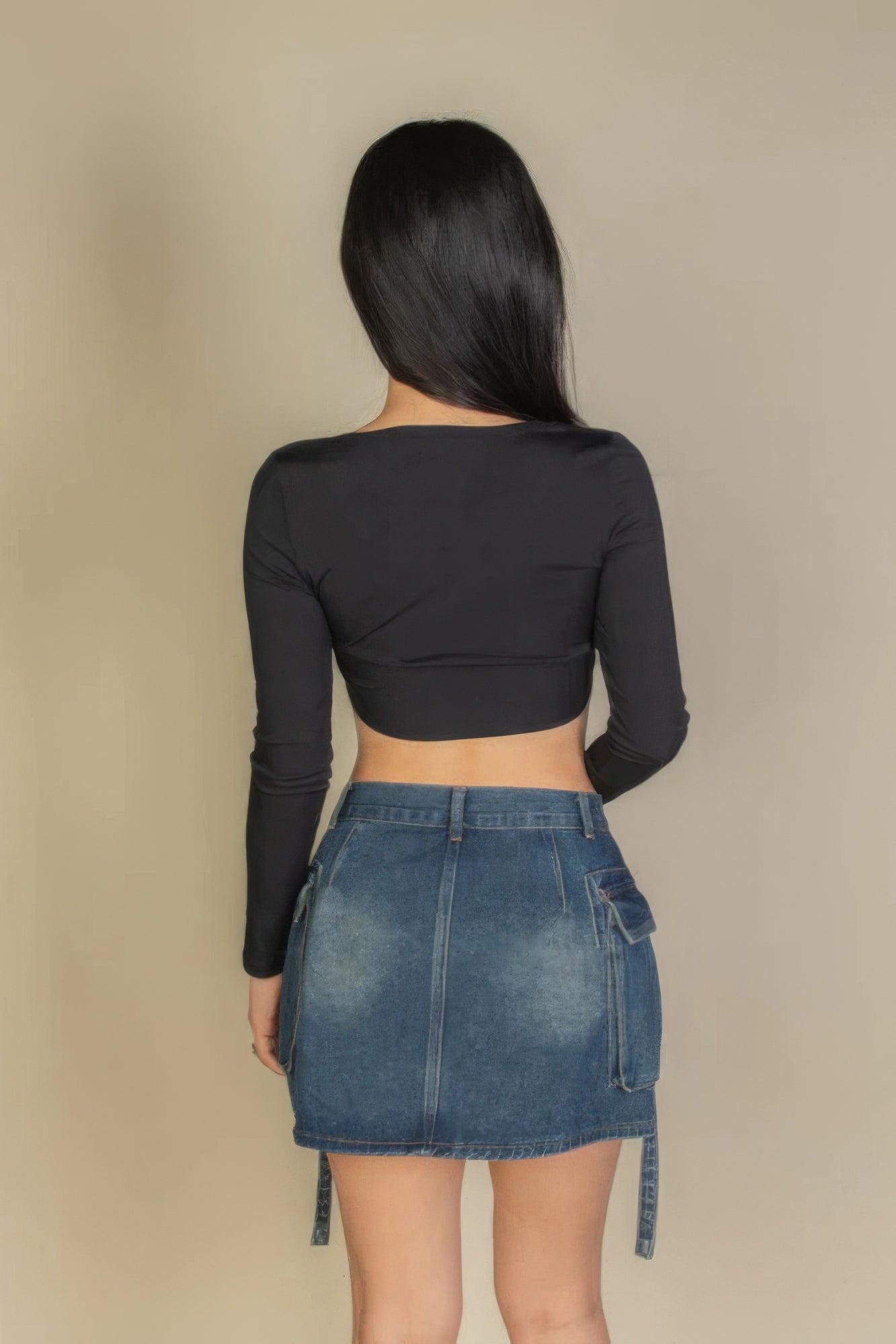 Women's Basic Long Sleeve Cropped Top Square Neck Stretch Rib Knit T-Shirt Solid