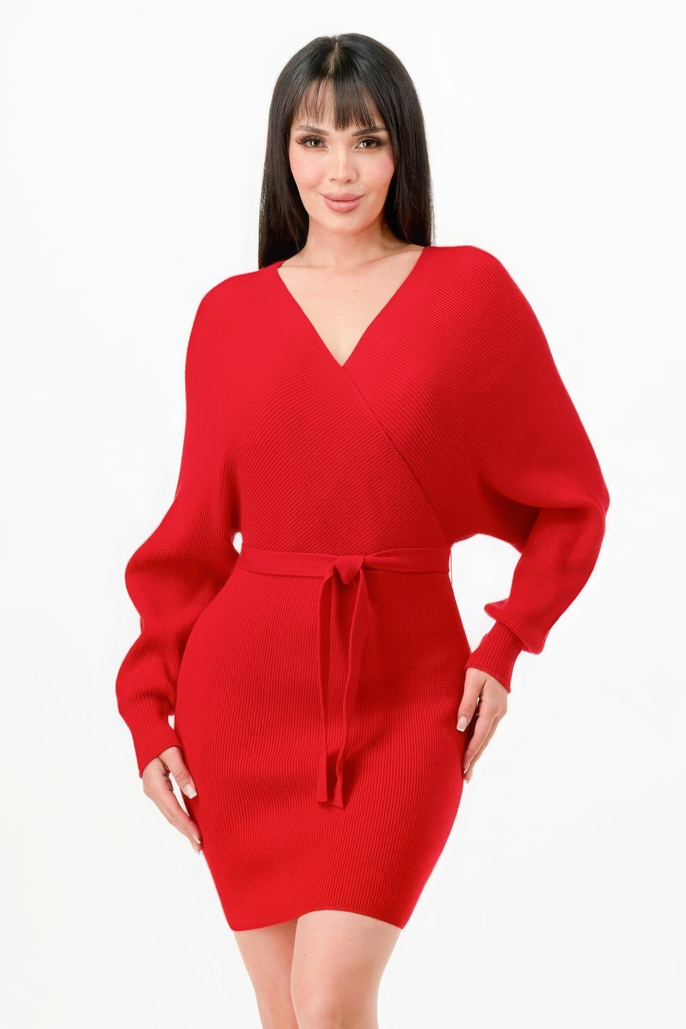 Women's Wrap Belted Ribbed Sweater Dress Long Sleeve Off Shoulder Backless Top