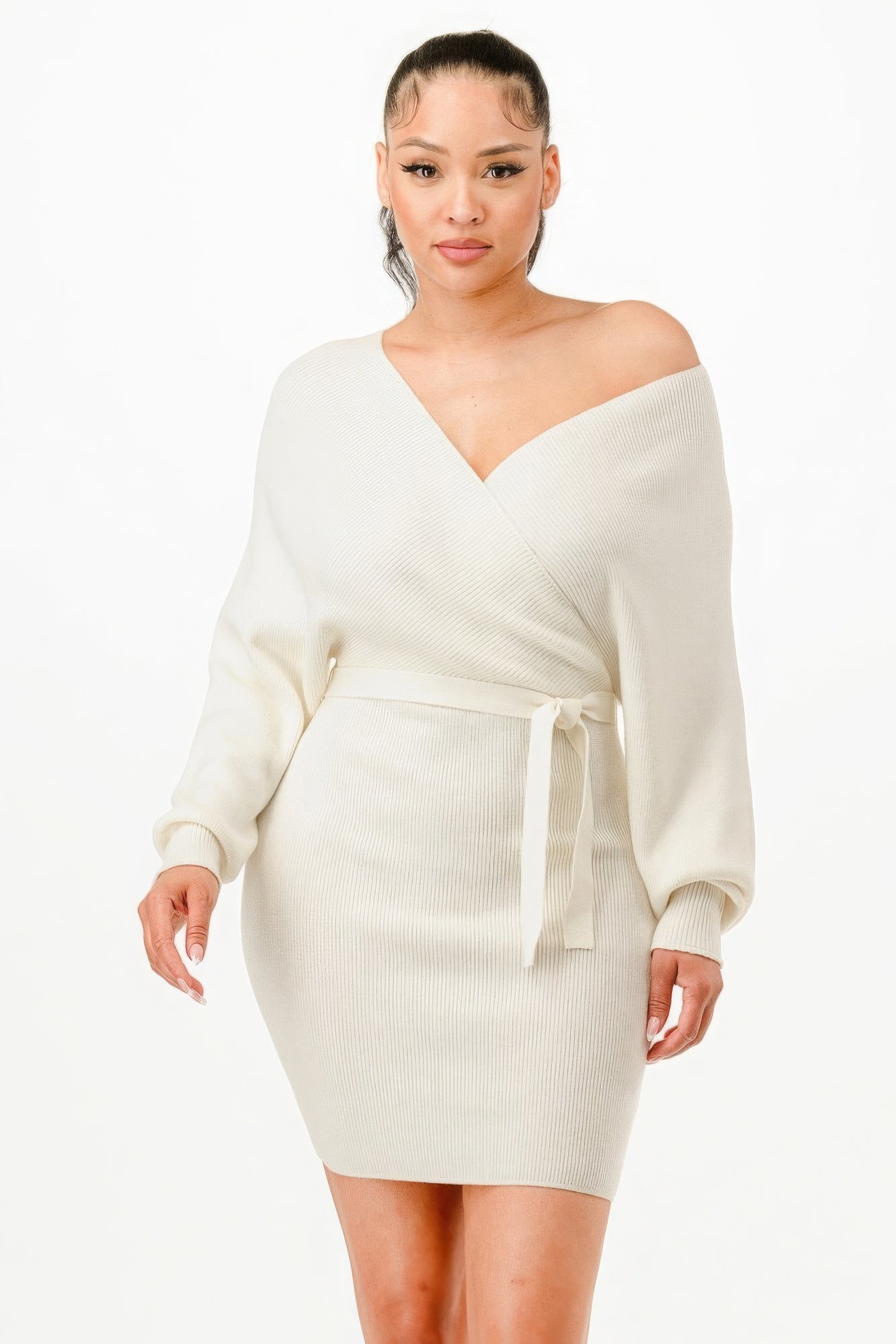 Women's Wrap Belted Ribbed Sweater Dress Long Sleeve Off Shoulder Backless Top