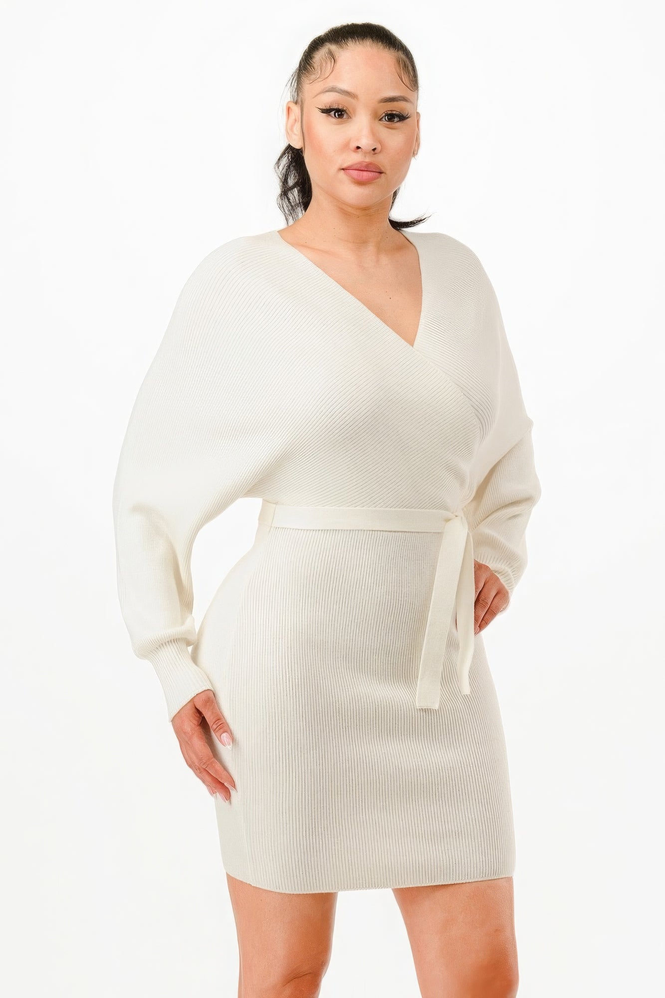 Women's Wrap Belted Ribbed Sweater Dress Long Sleeve Off Shoulder Backless Top