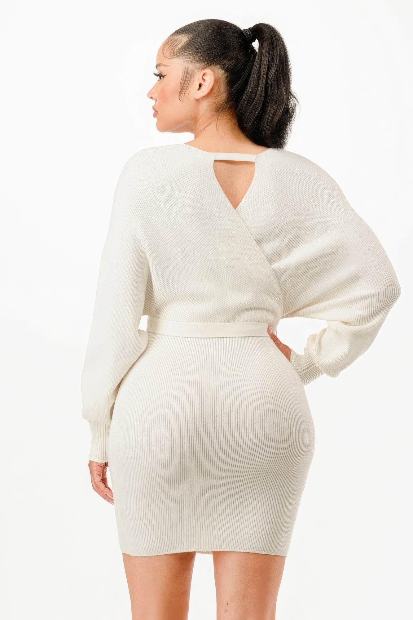 Women's Wrap Belted Ribbed Sweater Dress Long Sleeve Off Shoulder Backless Top