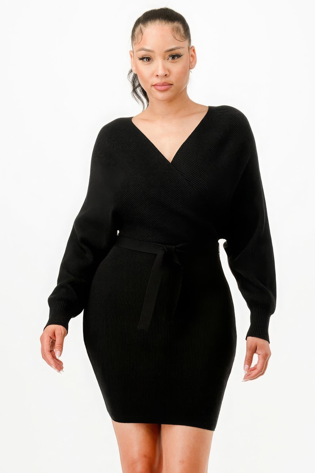 Women's Wrap Belted Ribbed Sweater Dress Long Sleeve Off Shoulder Backless Top