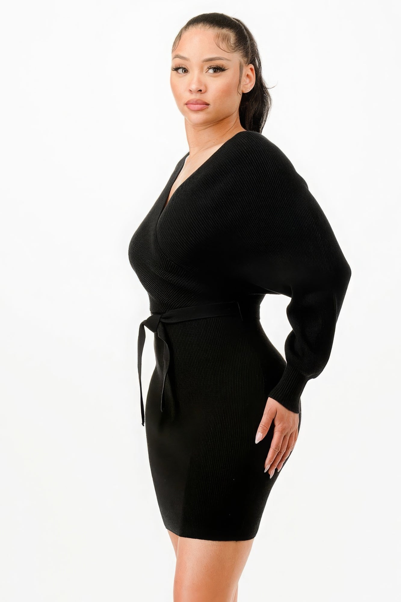 Women's Wrap Belted Ribbed Sweater Dress Long Sleeve Off Shoulder Backless Top