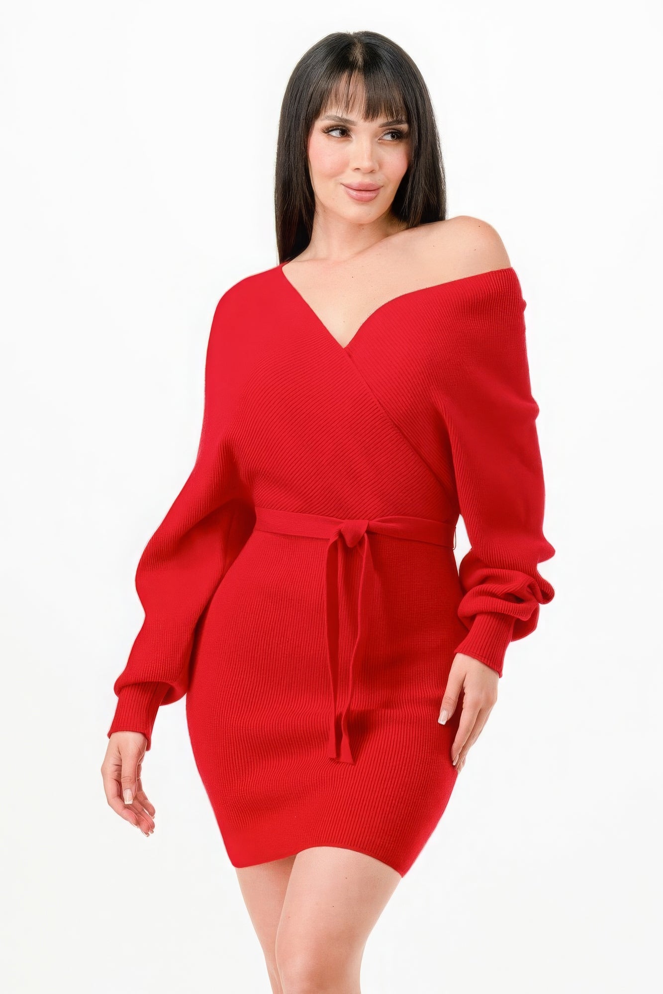 Women's Wrap Belted Ribbed Sweater Dress Long Sleeve Off Shoulder Backless Top