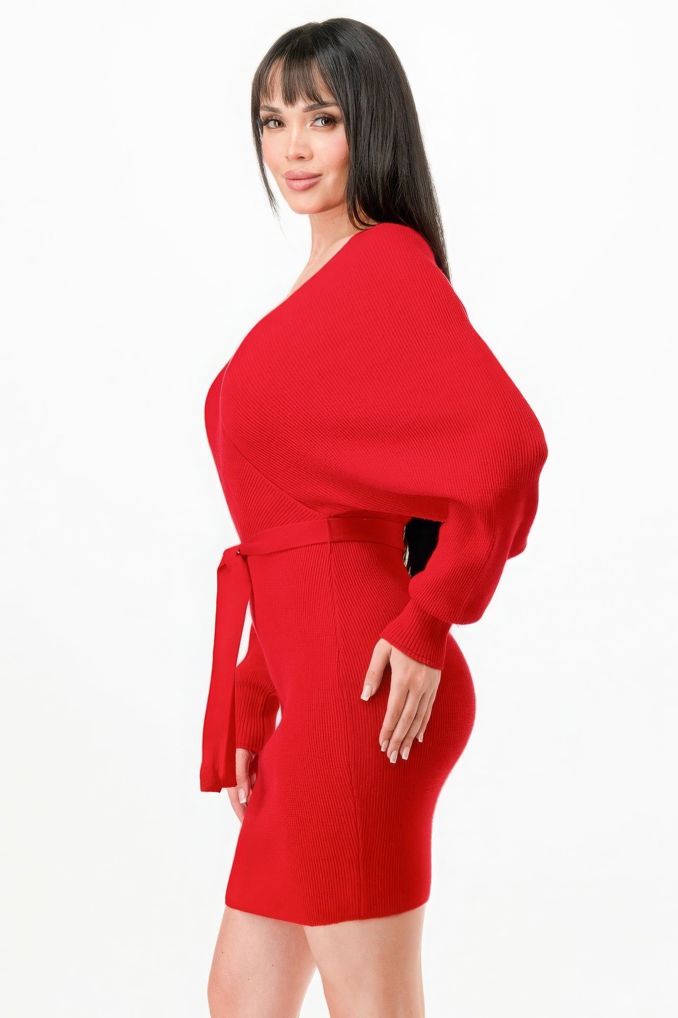 Women's Wrap Belted Ribbed Sweater Dress Long Sleeve Off Shoulder Backless Top