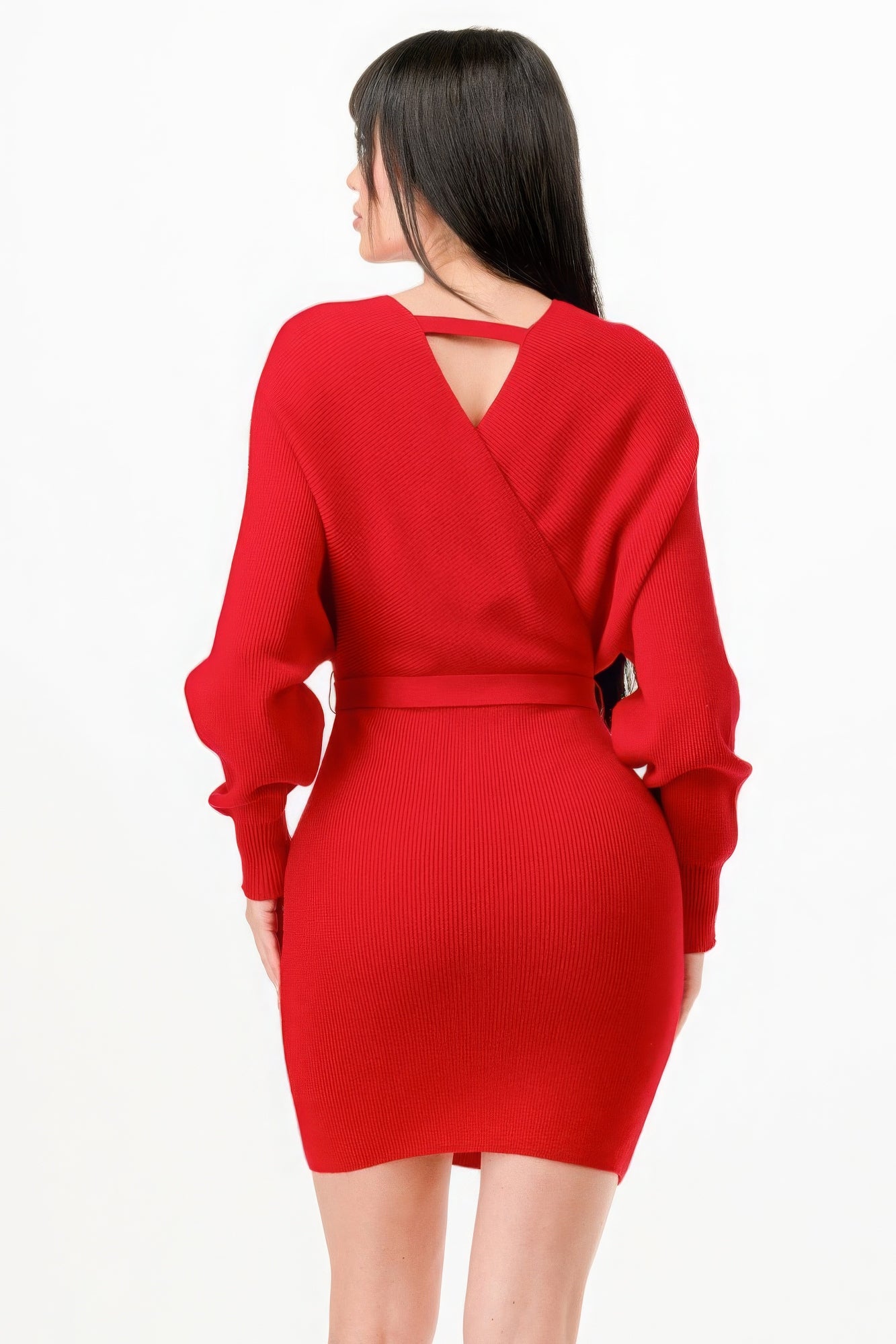 Women's Wrap Belted Ribbed Sweater Dress Long Sleeve Off Shoulder Backless Top