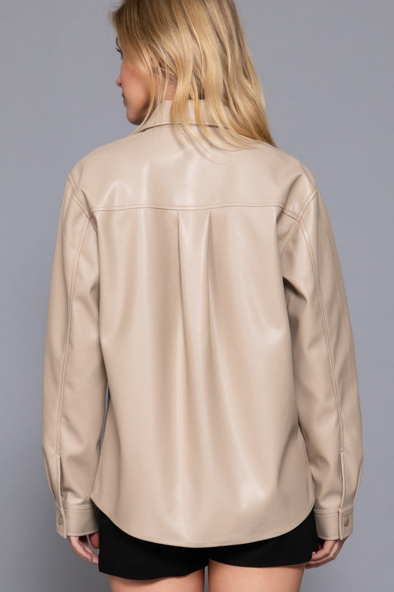 Women's Long Sleeve PU Faux Leather Shirt Jacket Pockets Loose Shacket Jacket