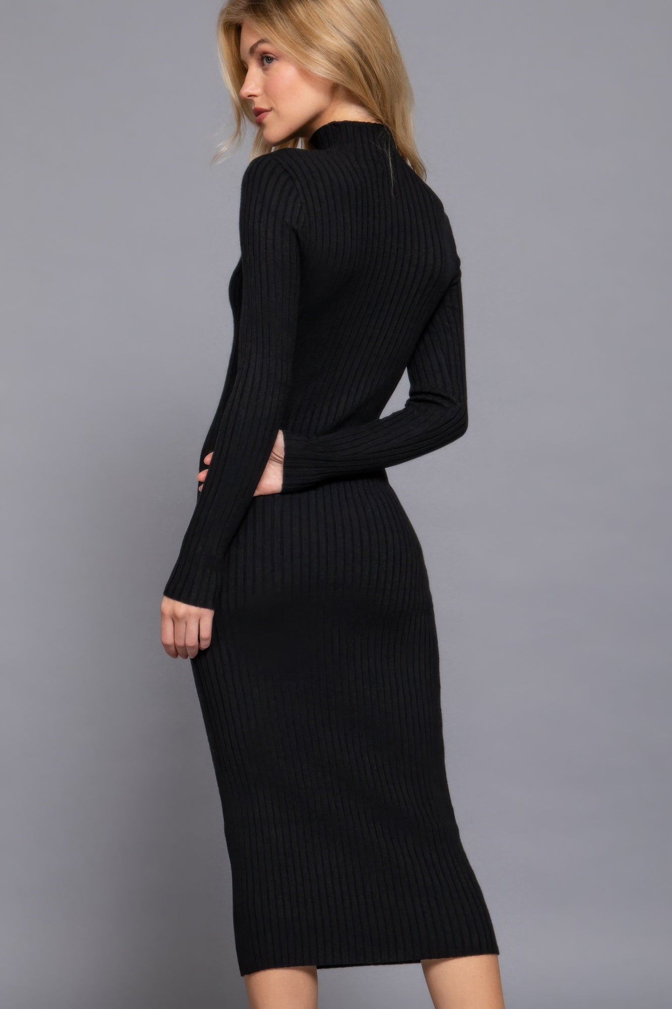 Womens Long Sleeve High Neck Sweater Long Dress Soft Stretchy Bodycon Midi Dress
