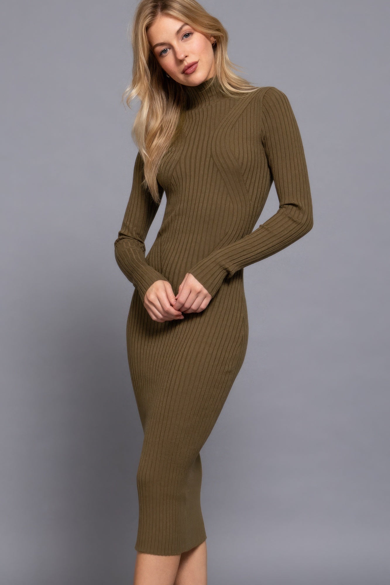 Womens Long Sleeve High Neck Sweater Long Dress Soft Stretchy Bodycon Midi Dress