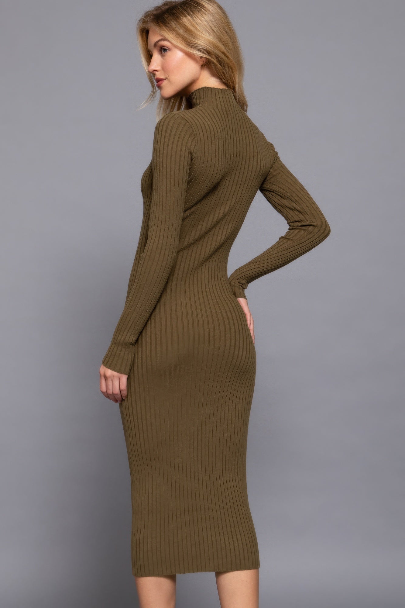 Womens Long Sleeve High Neck Sweater Long Dress Soft Stretchy Bodycon Midi Dress