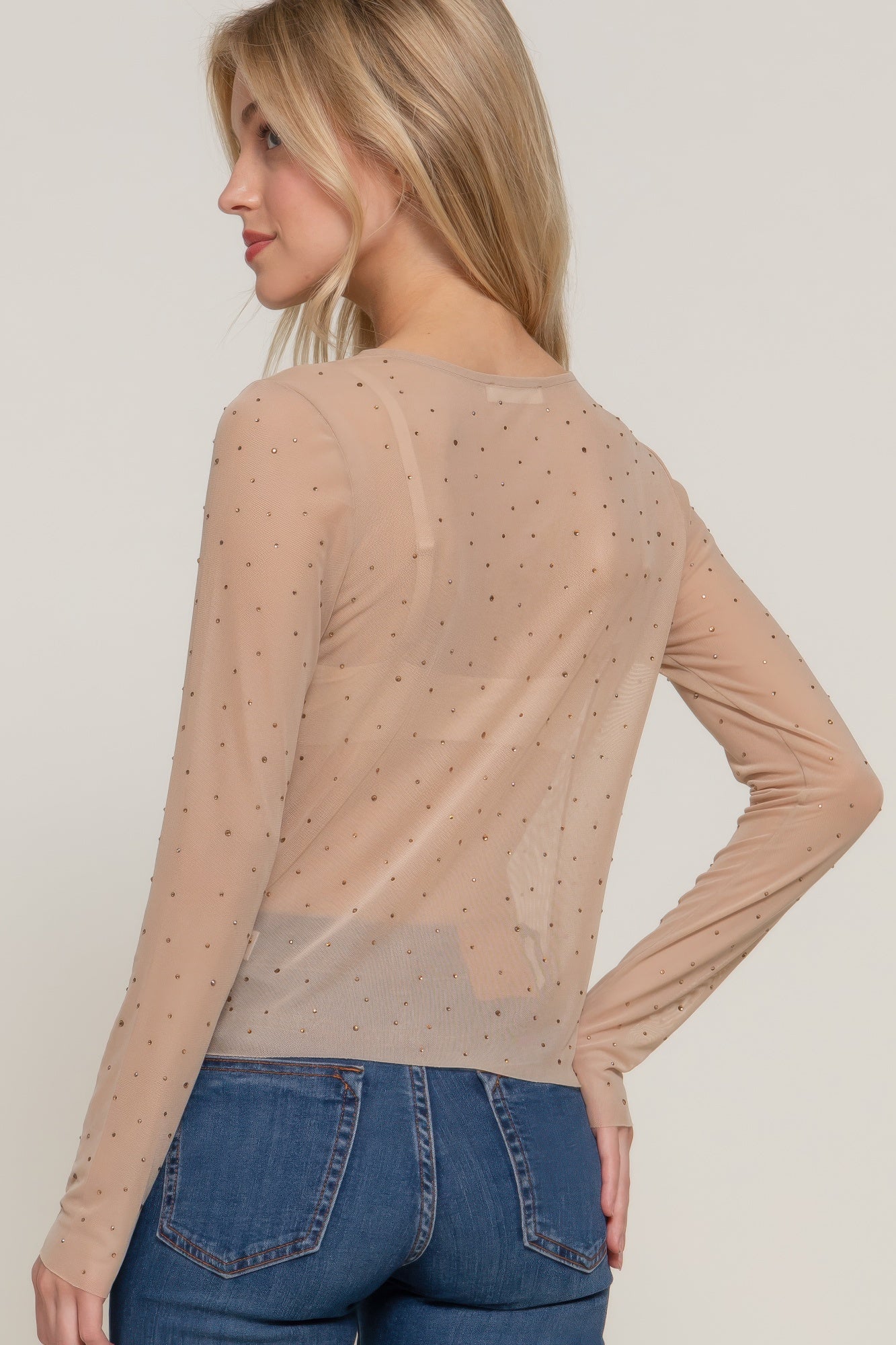 Womens Long Sleeve Round Neck Mesh Top Rhinestone Soft T-shirt