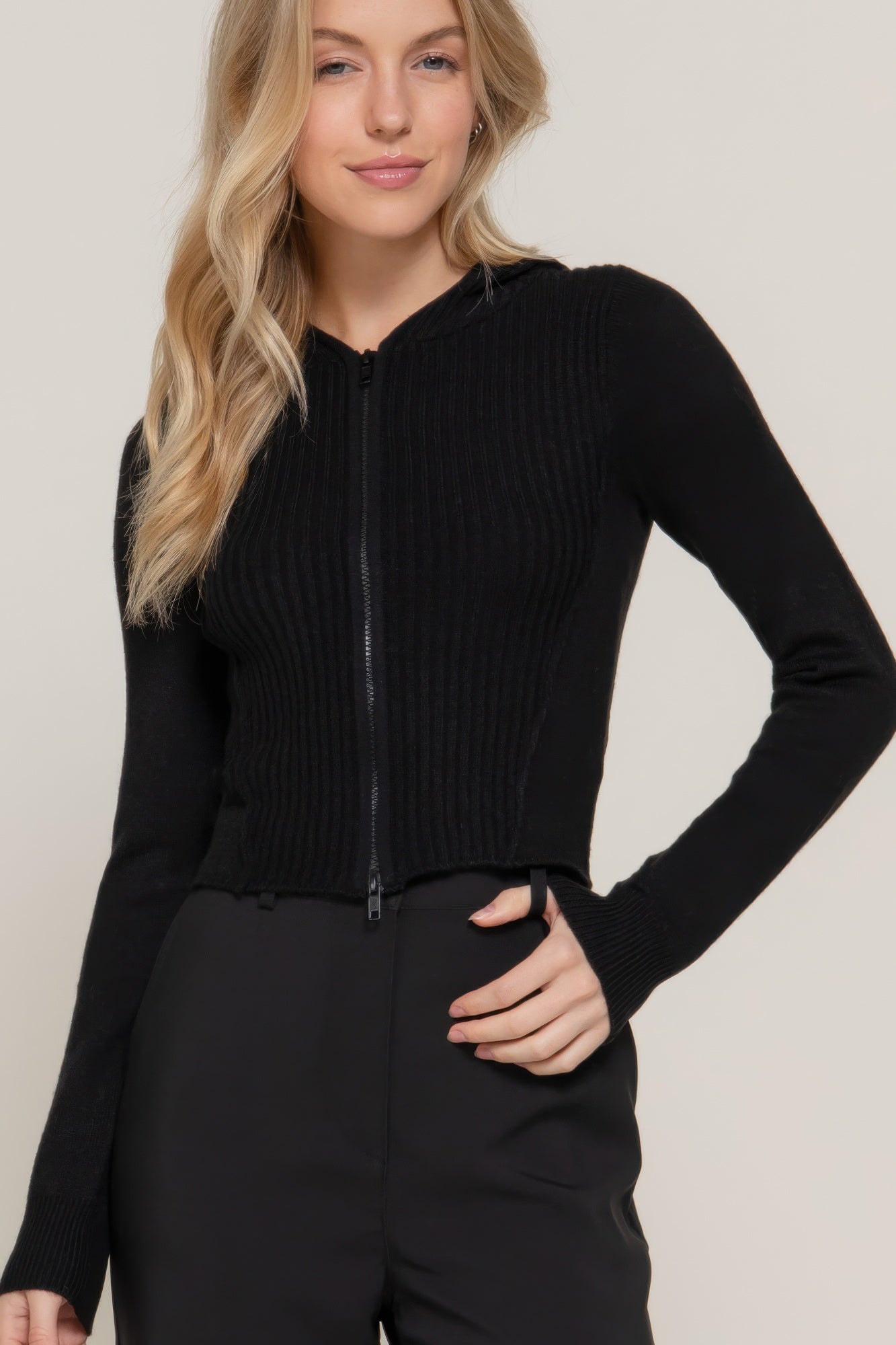 Womens Long Sleeve Two-way Zip Closure Sweater Hoodie Cardigan
