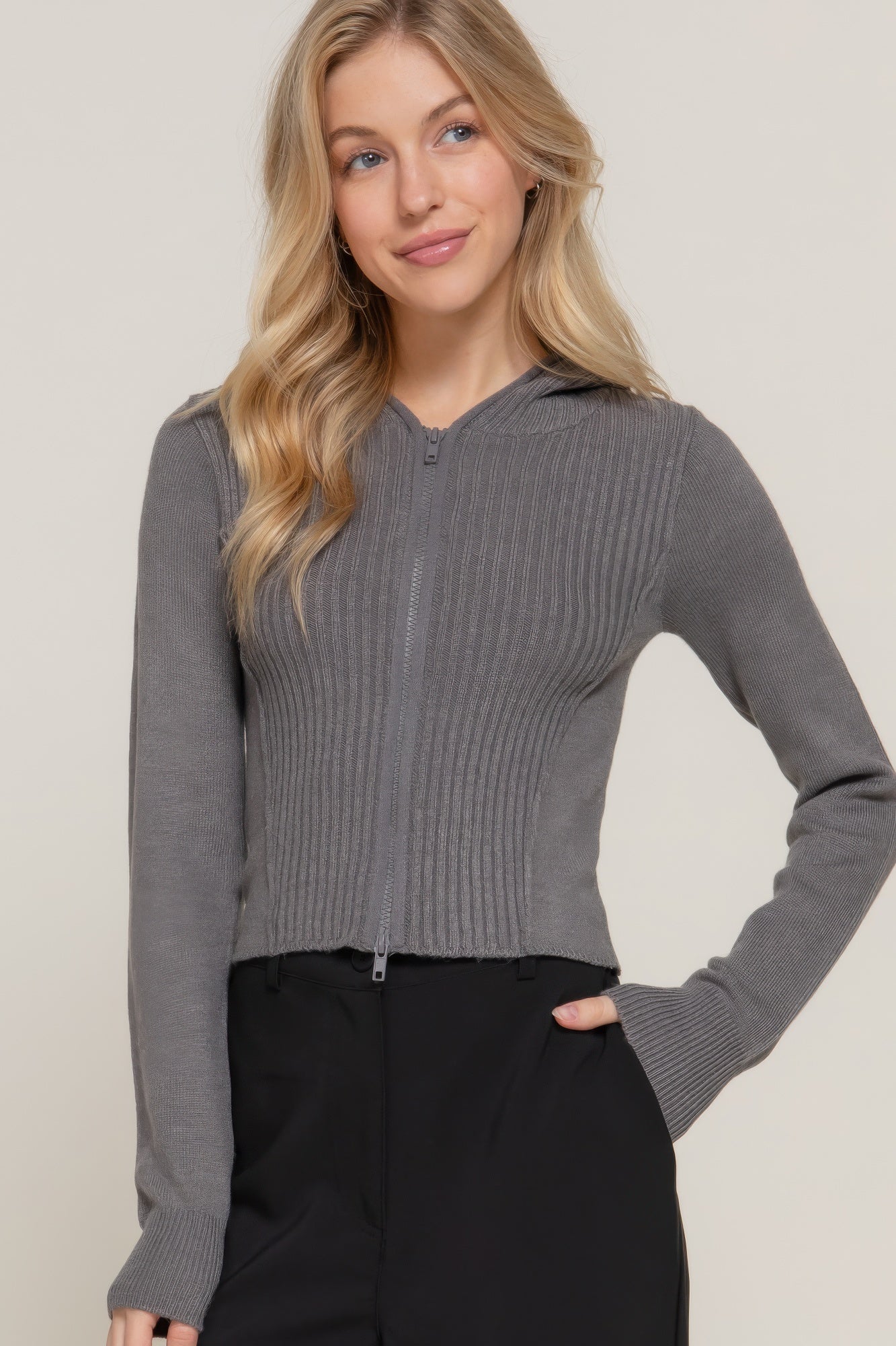 Womens Long Sleeve Two-way Zip Closure Sweater Hoodie Cardigan
