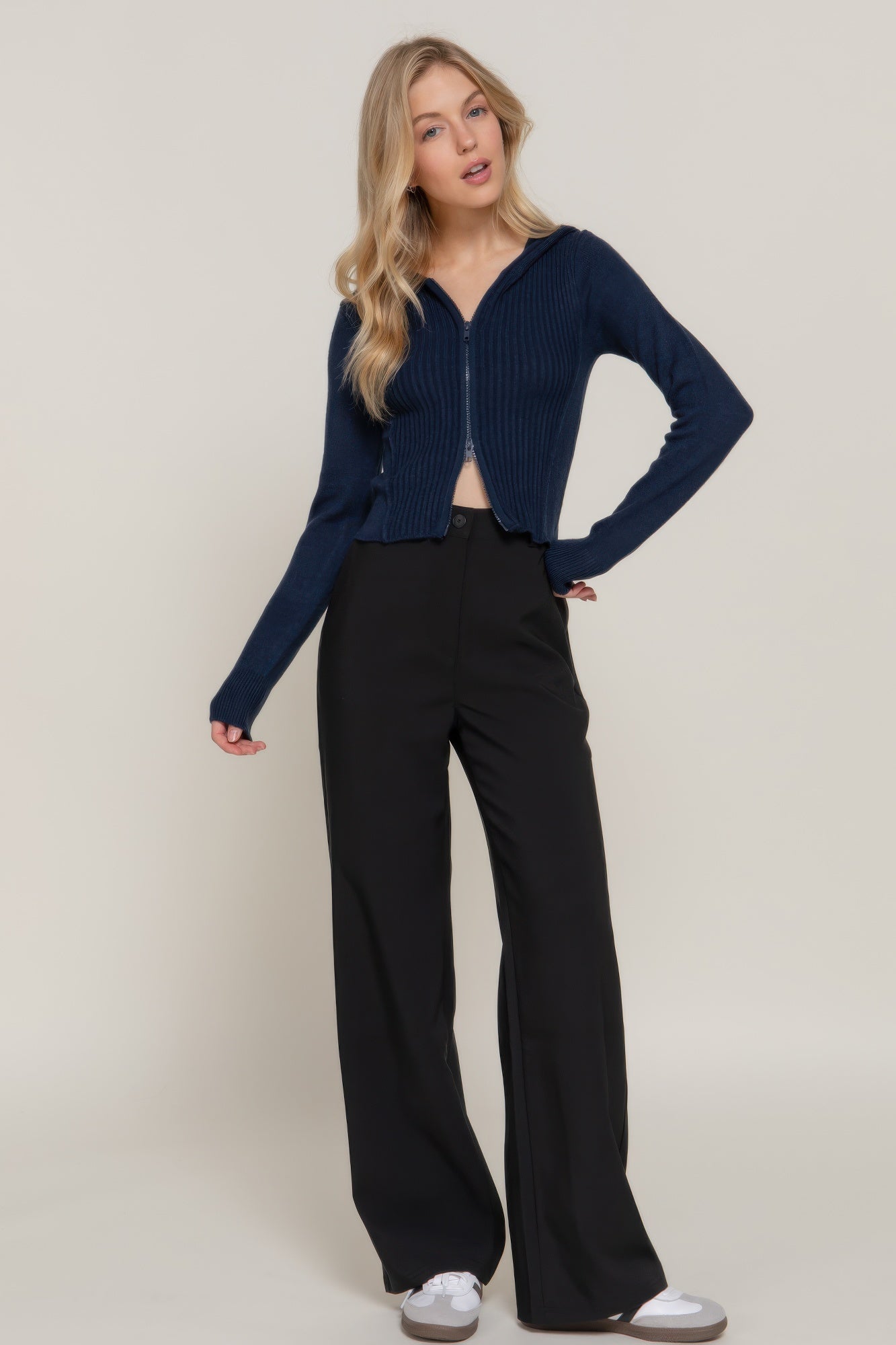 Womens Long Sleeve Two-way Zip Closure Sweater Hoodie Cardigan