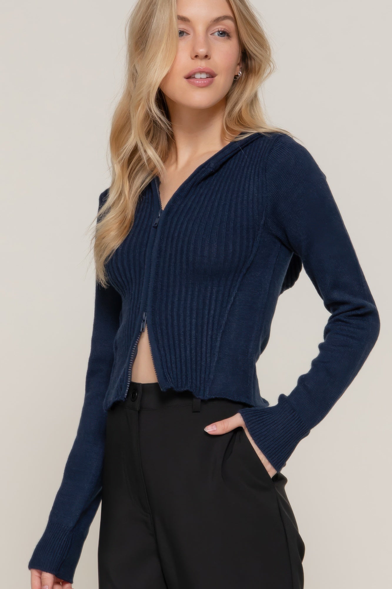 Womens Long Sleeve Two-way Zip Closure Sweater Hoodie Cardigan