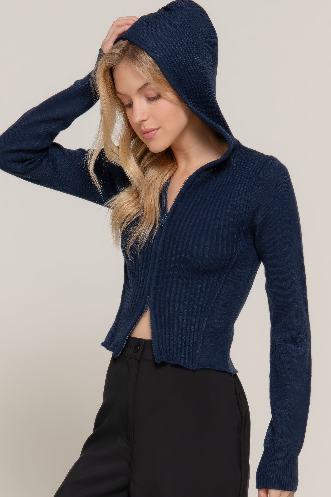 Womens Long Sleeve Two-way Zip Closure Sweater Hoodie Cardigan