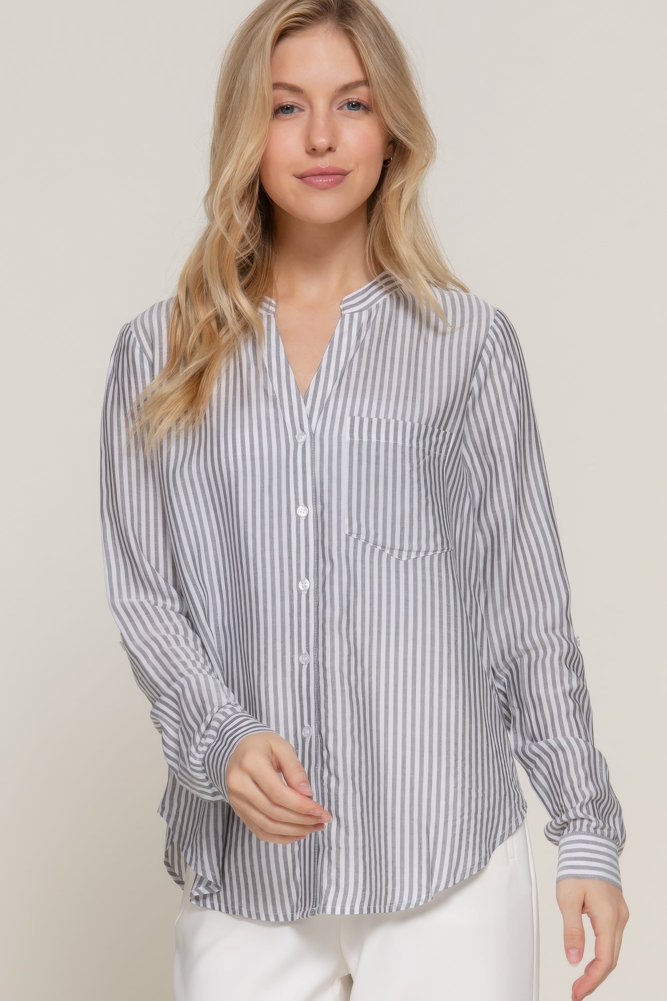 Womens Long Sleeve Shirt Split Round Neck Button Down Pocket Striped Woven Shirt