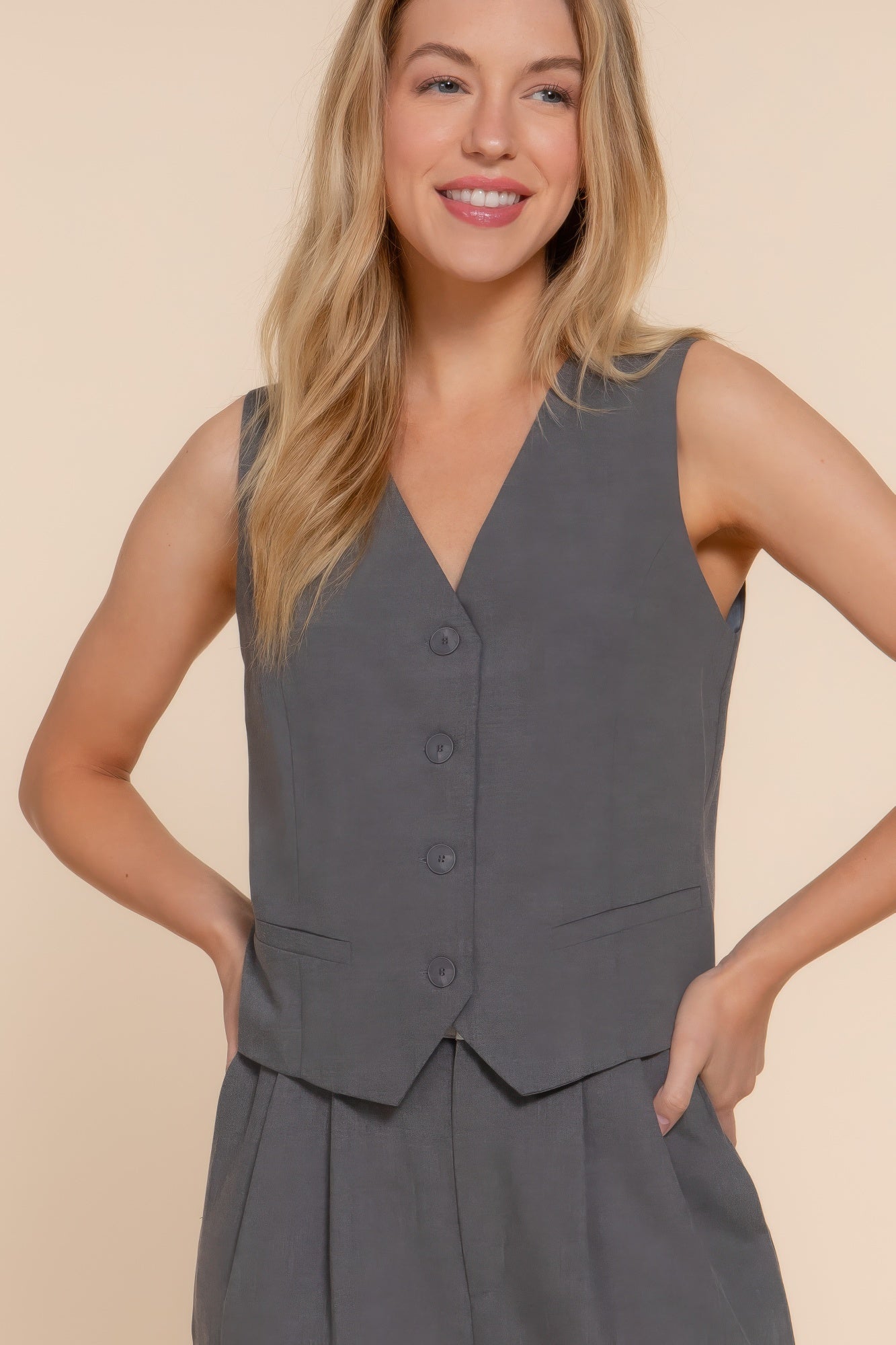 Womens V-neck Front Button Vest Outwear Sleeveless Waistcoat Cardigan Top