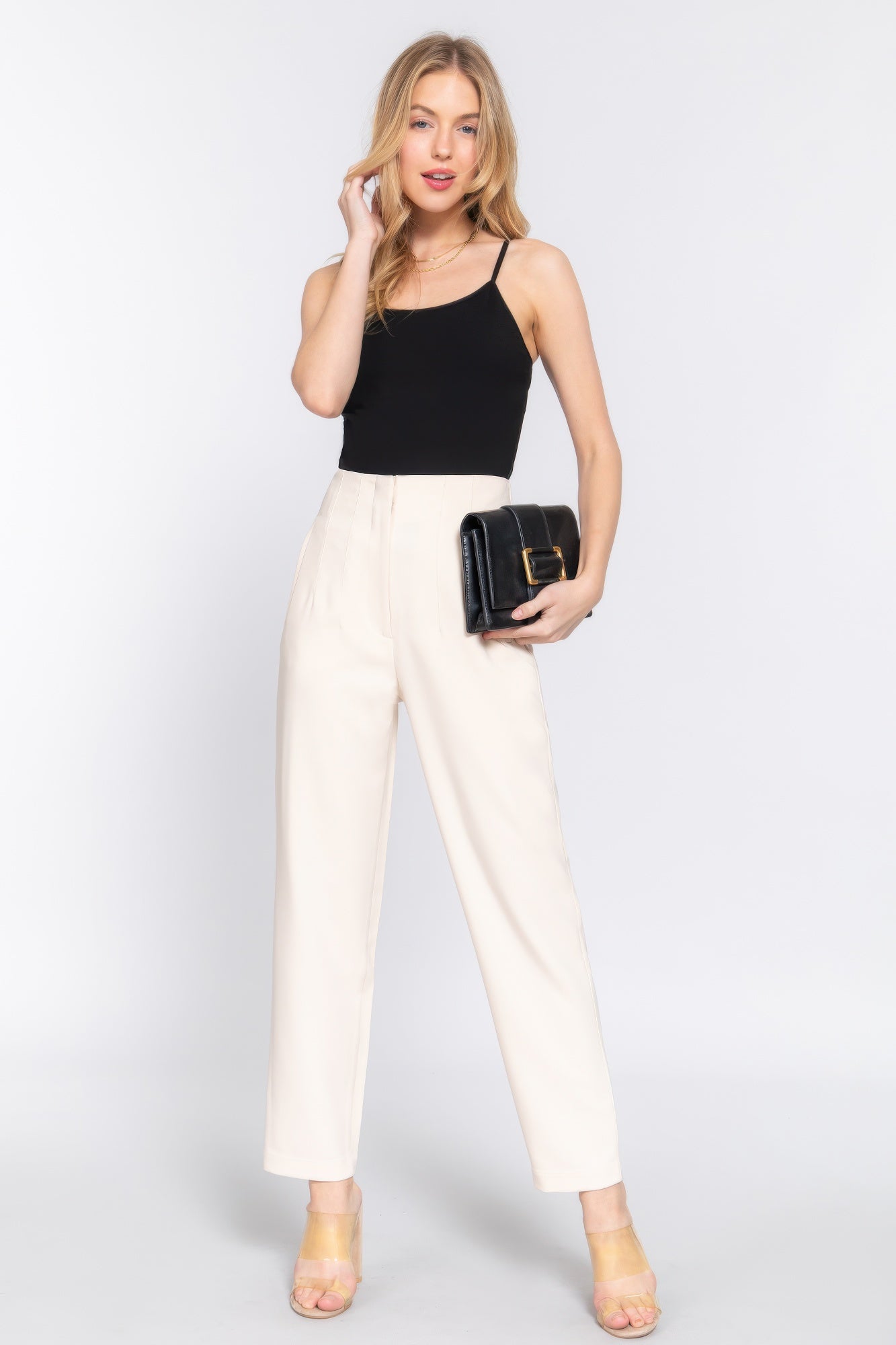 Womens Work Trousers High Waist Pintuck Office Formal Long Pants