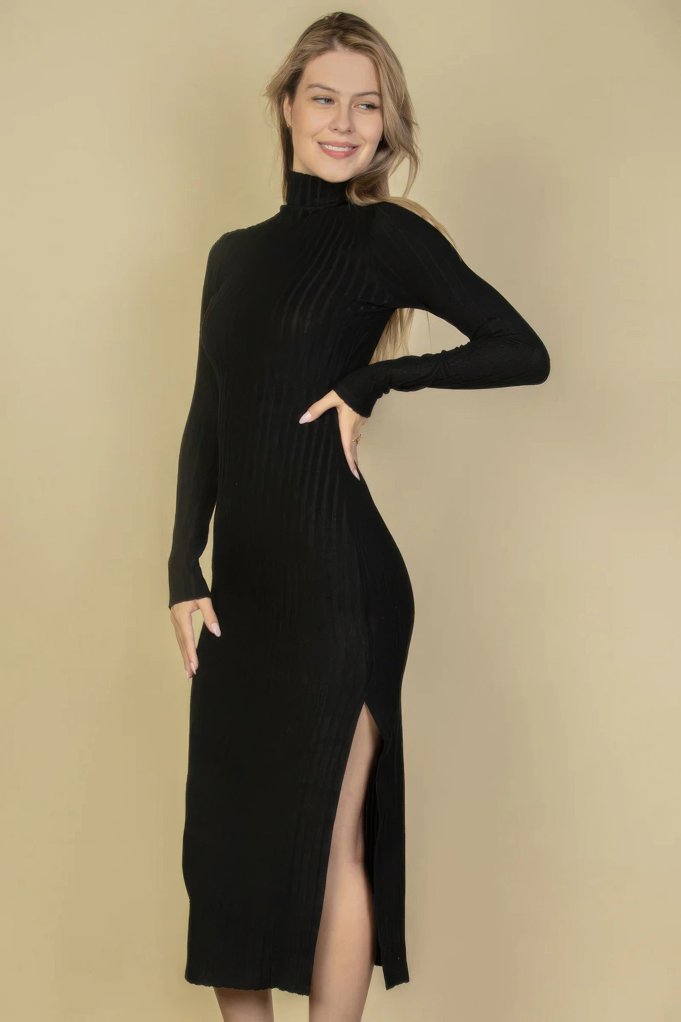 Womens Turtle Neck Sweater Knit Fuzzy Dress Split Thigh Bodycon Stretchy Dress
