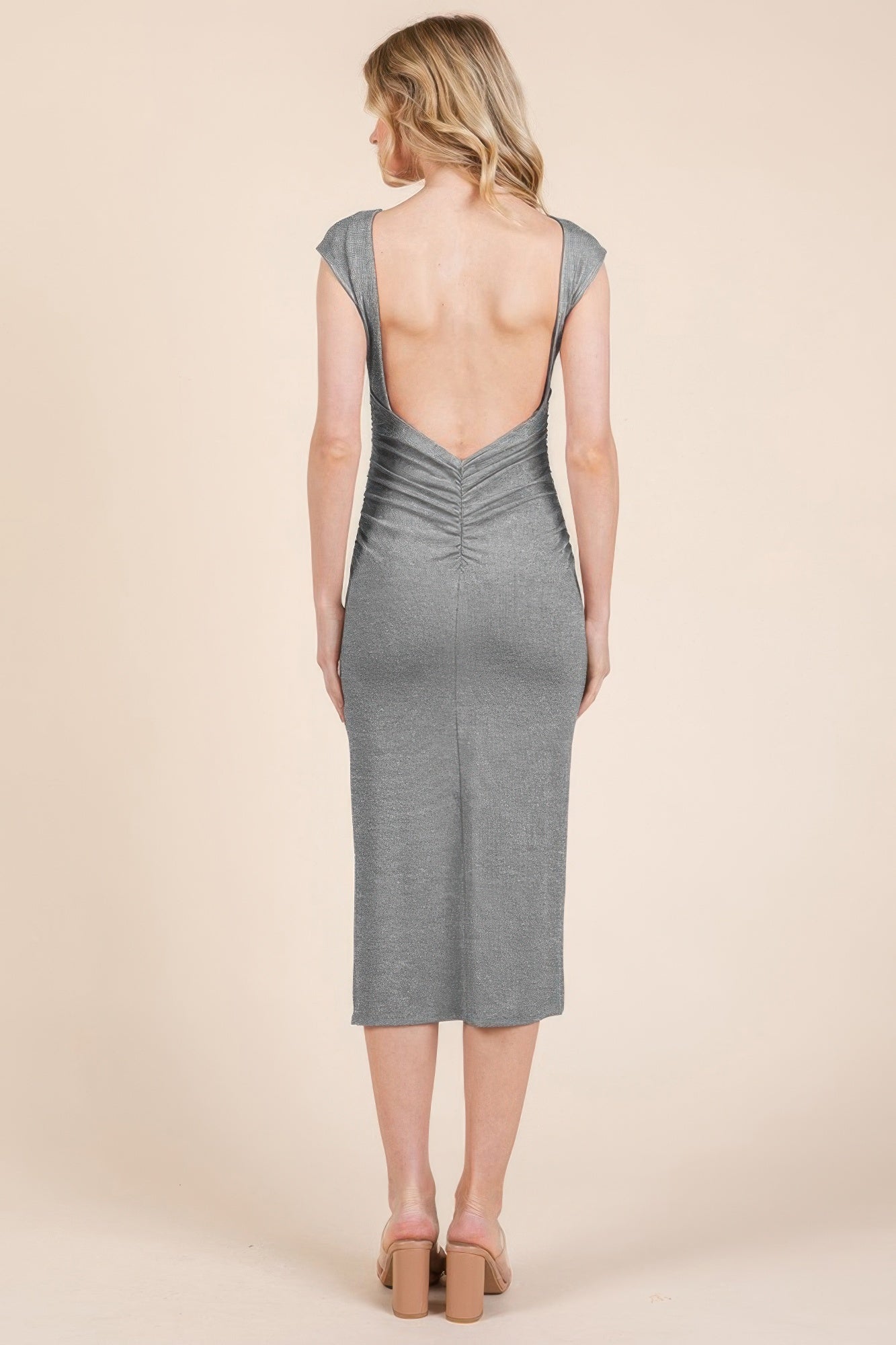 Women Boat Neck Cotton Bodycon Cap Sleeve Open Back Midi Dress