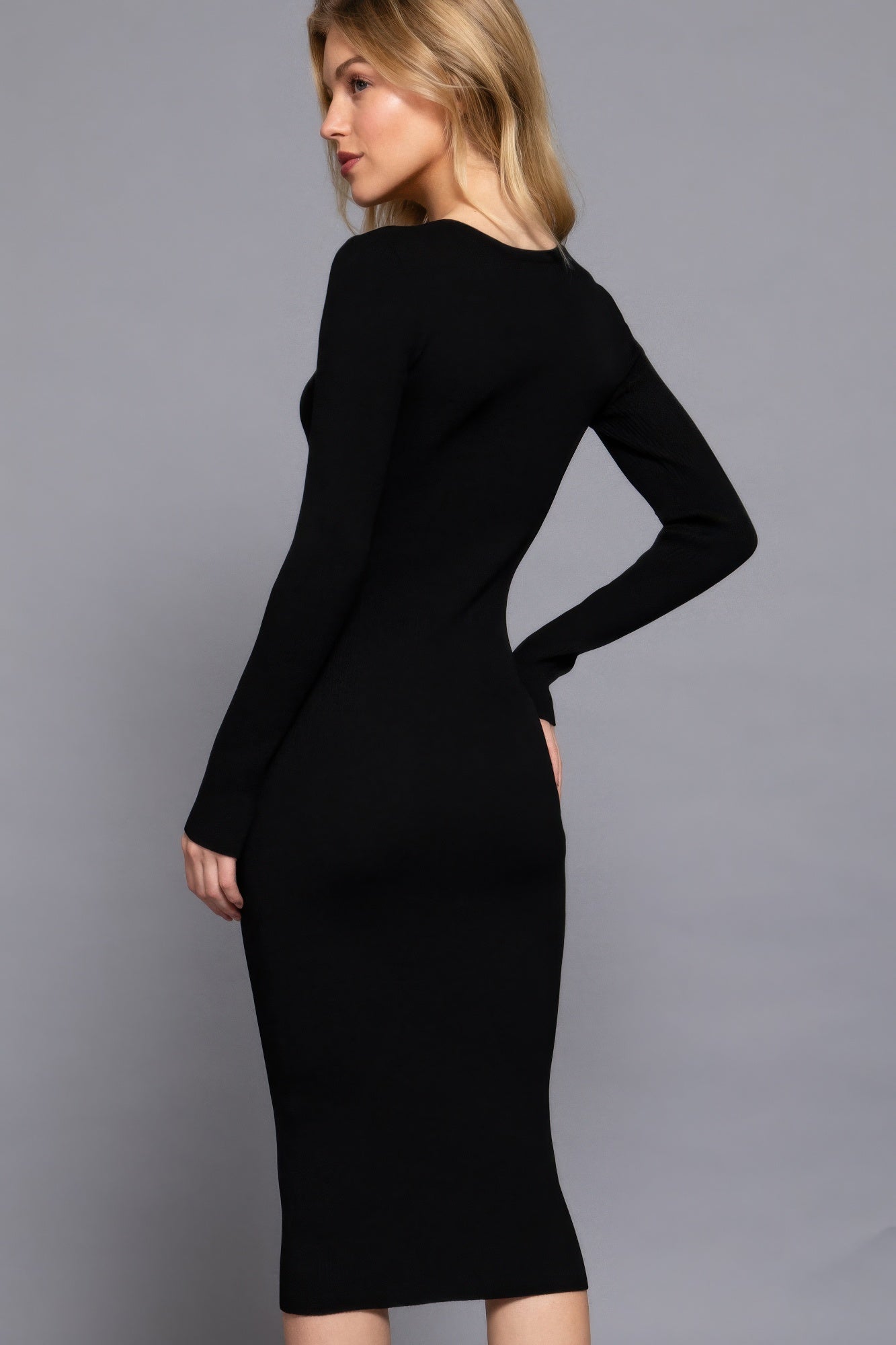 Womens Long Sleeve Henley Neck Cotton Snap Button Sweater Midi Dress