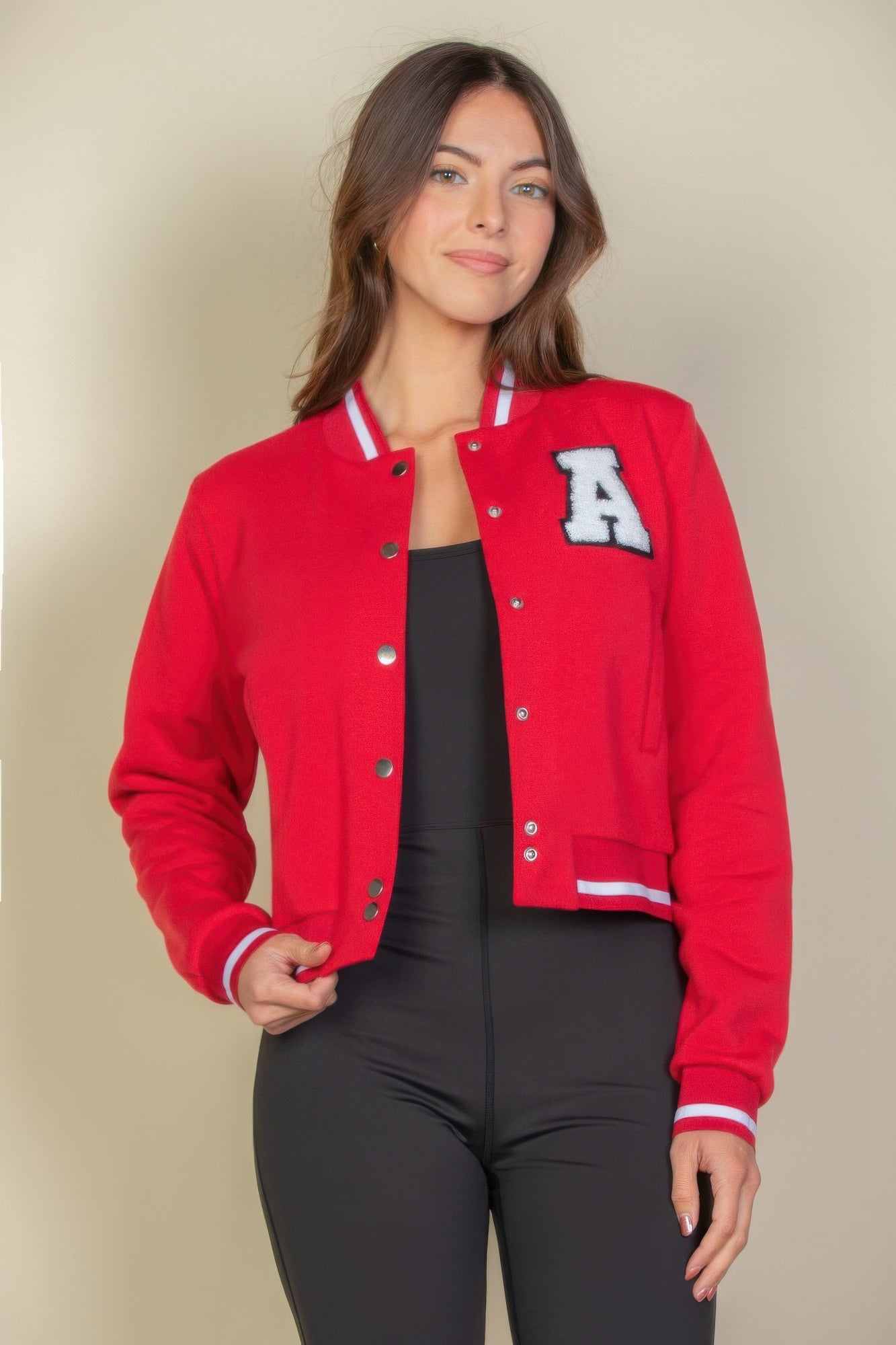 Women's Classic Snap Button Baseball Letterman Patched Crop Varsity Jacket