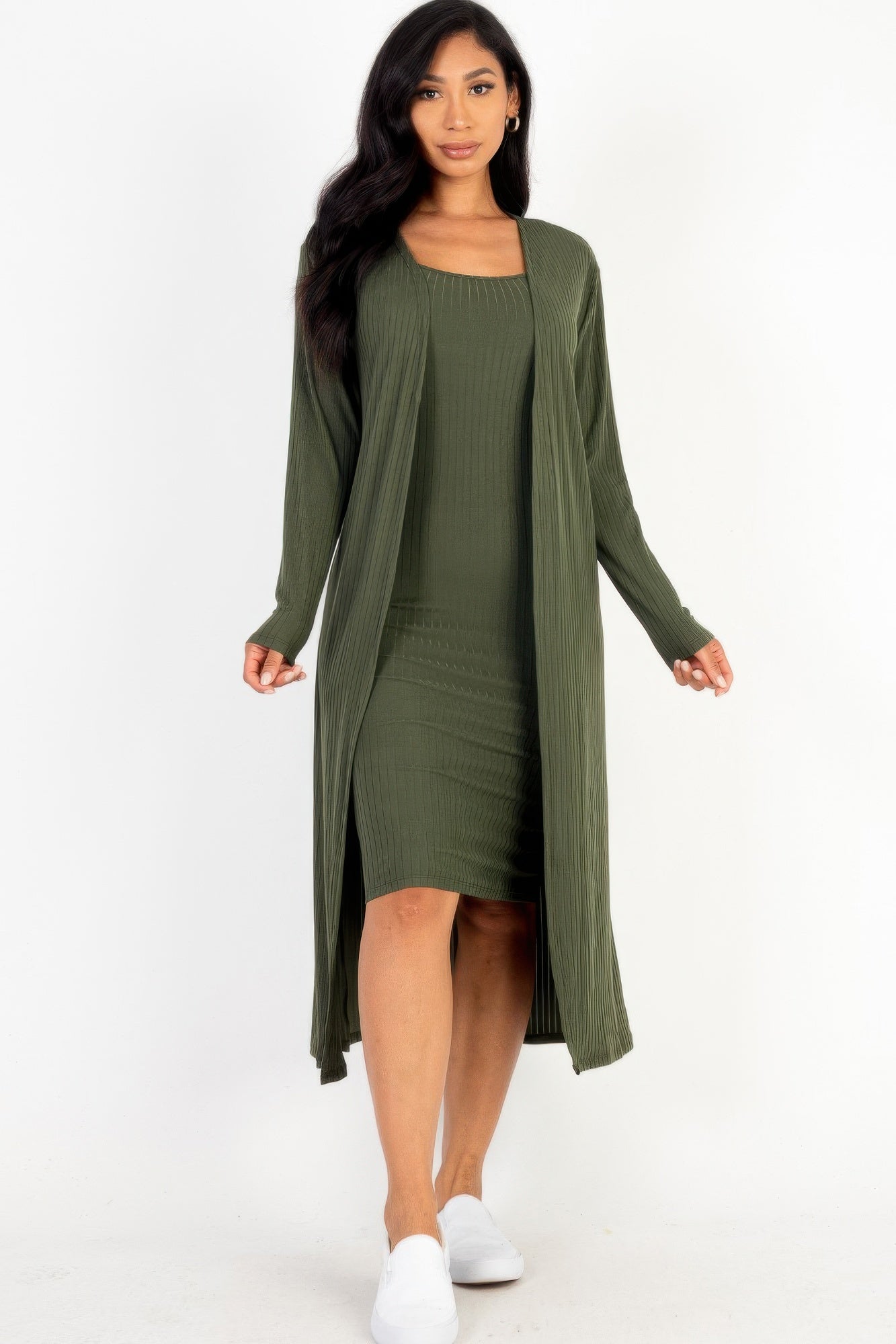 Women Long Sleeve Ribbed Cardigan & Cami Midi Bodycon Stretch Dress