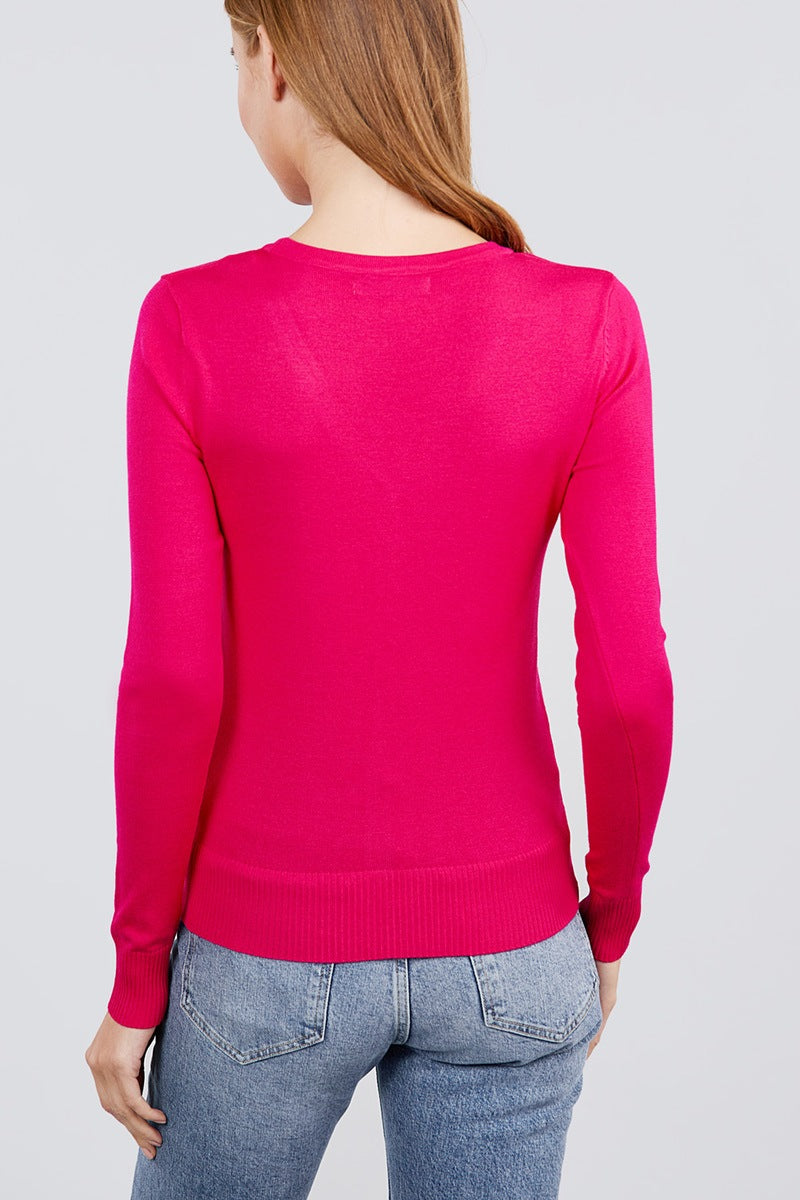 Women's Long Sleeve V-neck Button Down Soft Sweater Cardigan - Hot Pink
