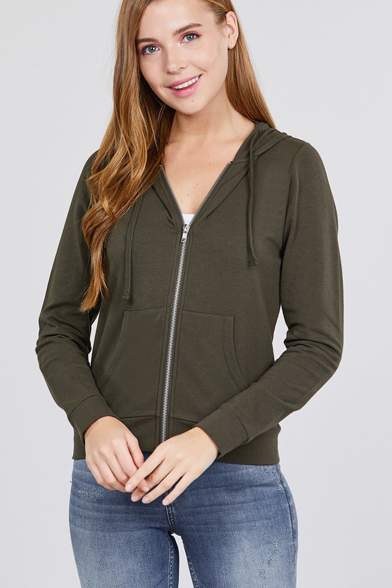 Women's Zipper Hoodie Sweatshirt French Terry Jacket Front Pocket - Dark Olive
