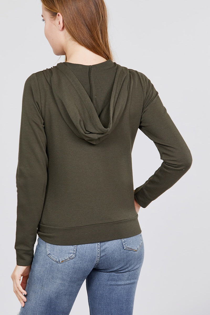 Women's Zipper Hoodie Sweatshirt French Terry Jacket Front Pocket - Dark Olive