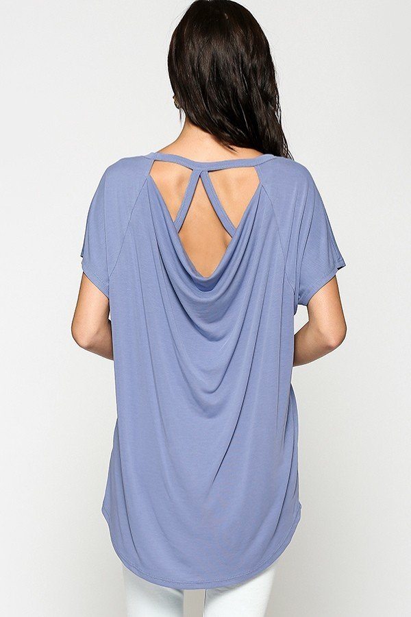Women Scoop Neck T-Shirt Short Sleeve Cupro Solid Strappy Drape Back Top - Blue