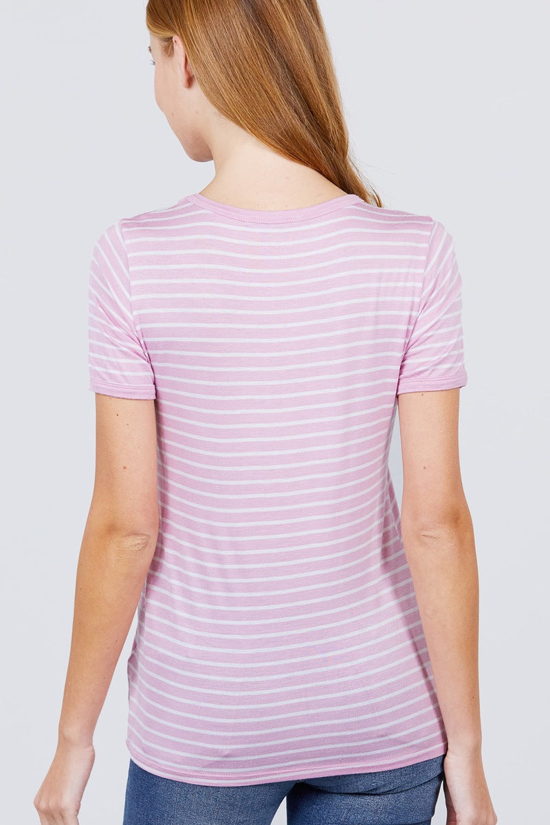 Women Short Sleeve Crew Neck T-shirt Stripe Rayon Ringer Knit Top Pink Lavender