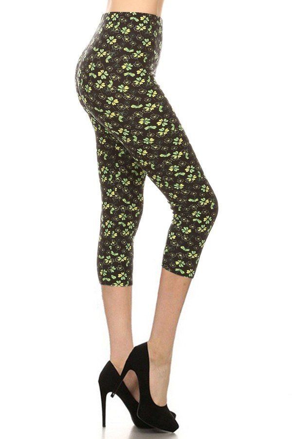 Women Capri 3/4 Length Clover Print High Rise Fitted Leggings Fitness Yoga Pants