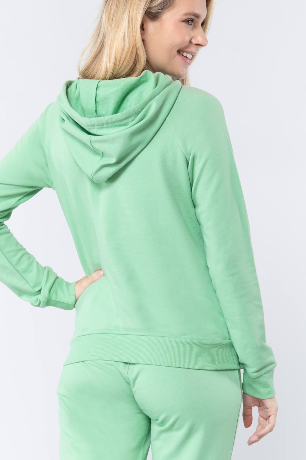 Women French Terry Pullover Hoodie Sweatshirt Long Sleeve Pockets - Light Green