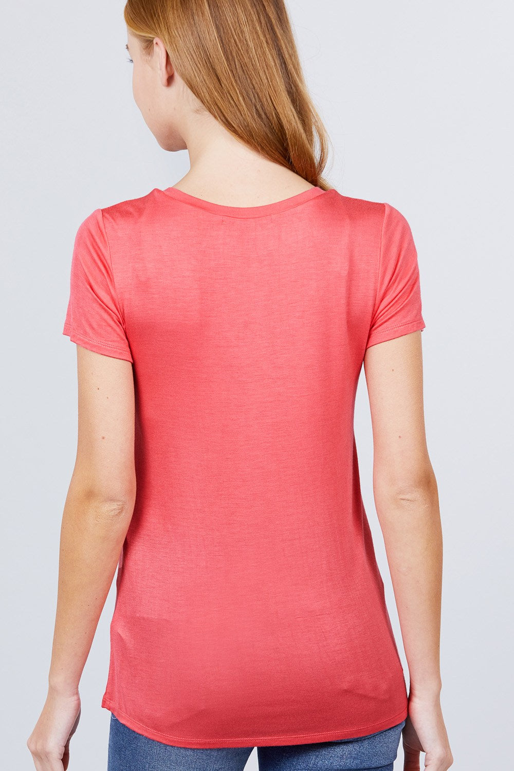 Women's V-neck Short Sleeve Rayon T-Shirt Jersey Top - Coral Pink