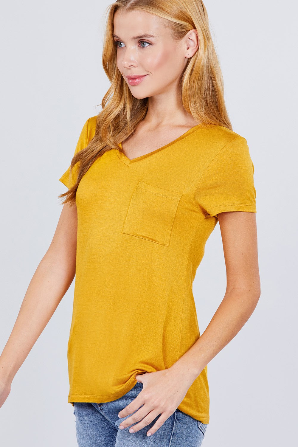 Women's V-neck Short Sleeve Rayon T-Shirt Jersey Top - Ruby Mustard Yellow