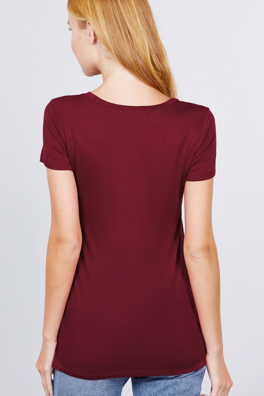 Women's Short Sleeve Round Scoop Neck Top T-Shirt Tee Pocket - Ruby Burgundy