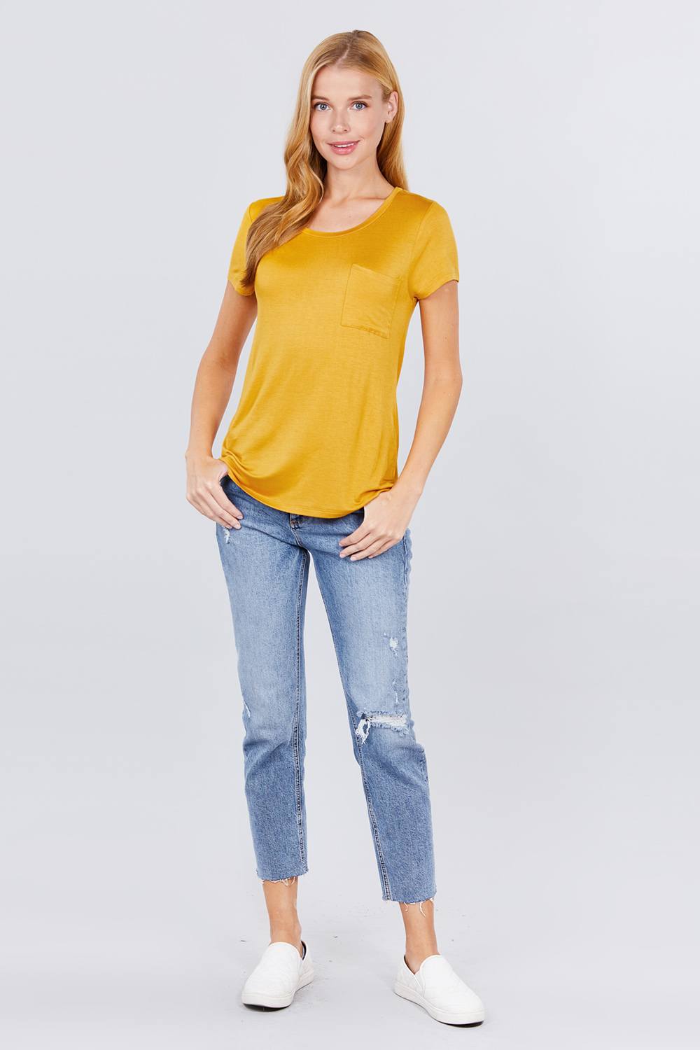 Women's Short Sleeve Round Scoop Neck Top T-Shirt Tee Pocket - Ruby Mustard
