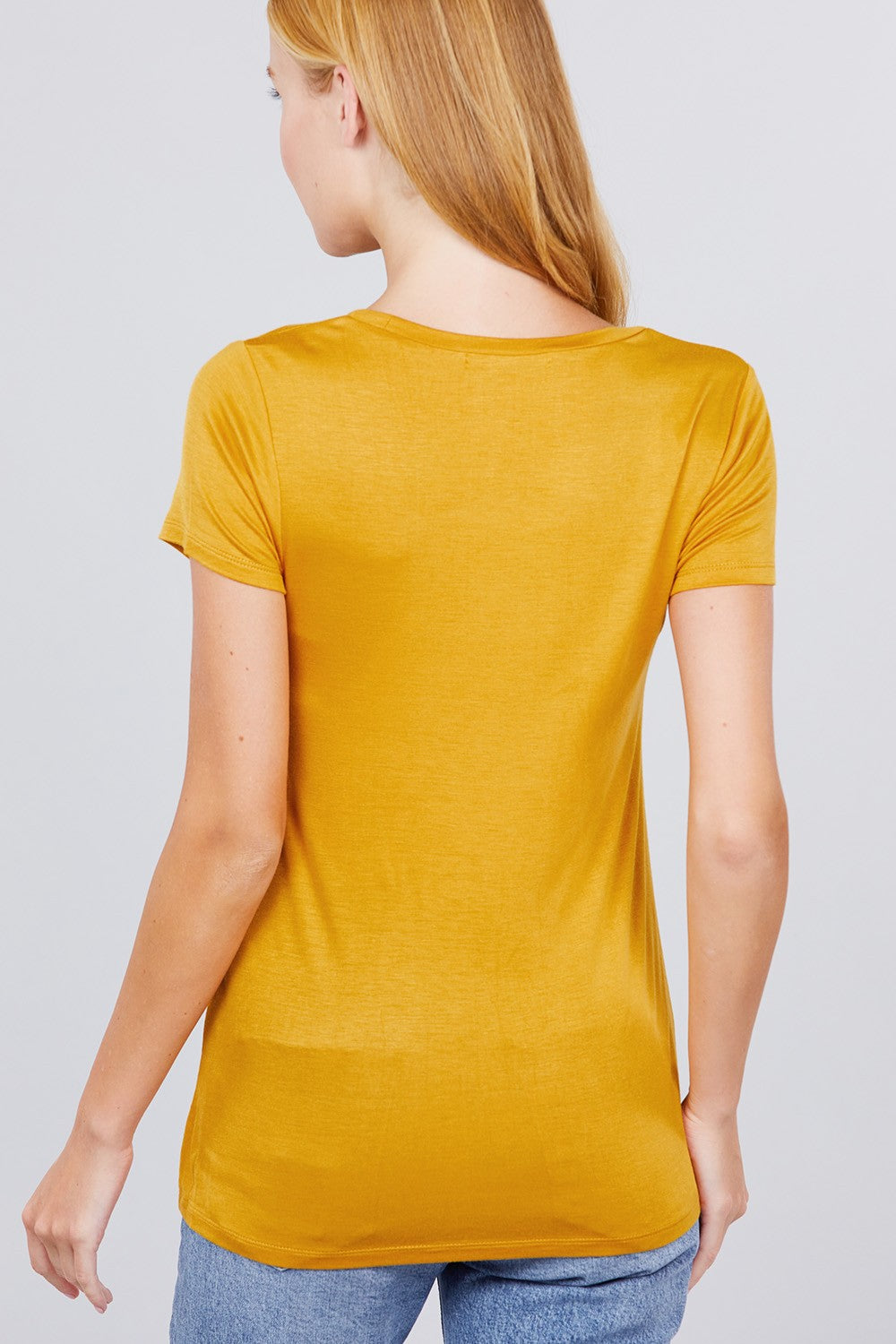 Women's Short Sleeve Round Scoop Neck Top T-Shirt Tee Pocket - Ruby Mustard
